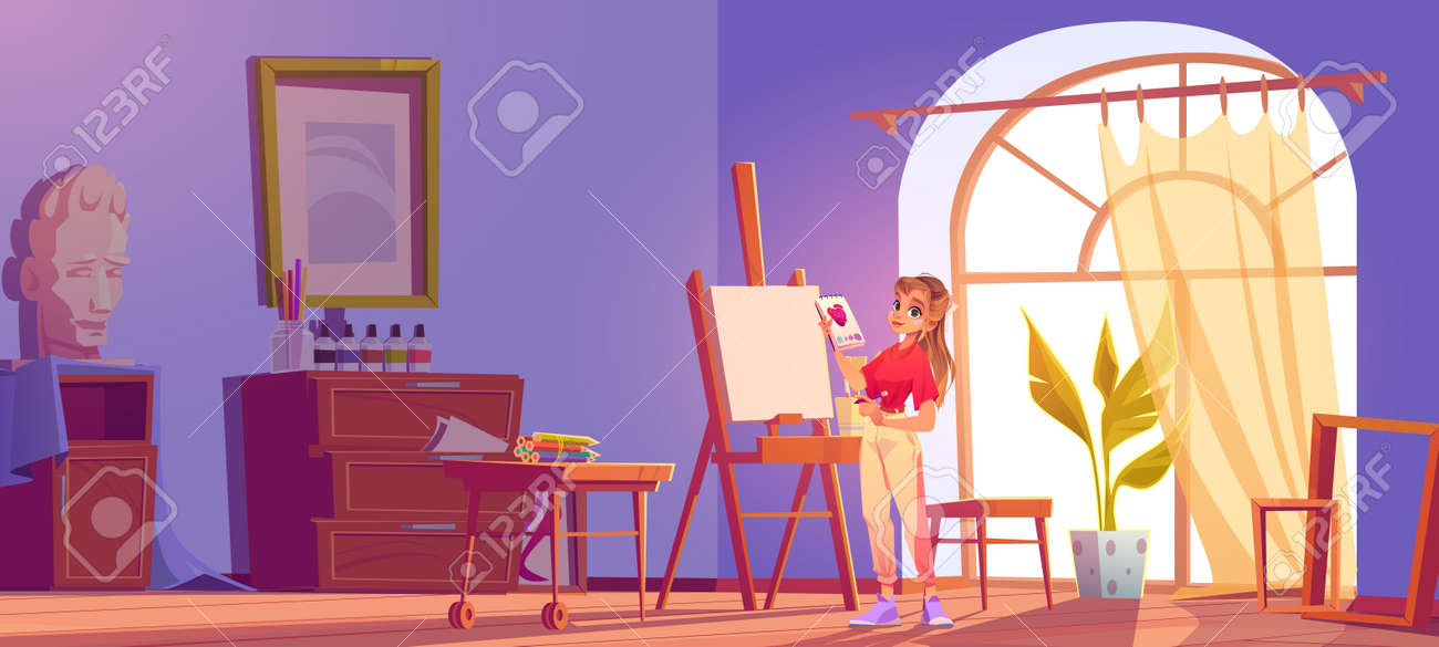 Illustrazione del fumetto della scuola d'arte. ragazza dell'artista al fiore della pittura del cavalletto. giovane donna del pittore in abiti adolescenti che tiene matita e album da disegno con schizzo di fiori di rosa. interiore di vettore della classe dello studio dell'officina - 170921320 Illustrazione del fumetto della scuola d'arte. ragazza dell'artista al fiore della pittura del cavalletto. giovane donna del pittore in abiti adolescenti che tiene matita e album da disegno con schizzo di fiori di rosa. interiore di vettore della classe dello studio dell'officina - 170921320