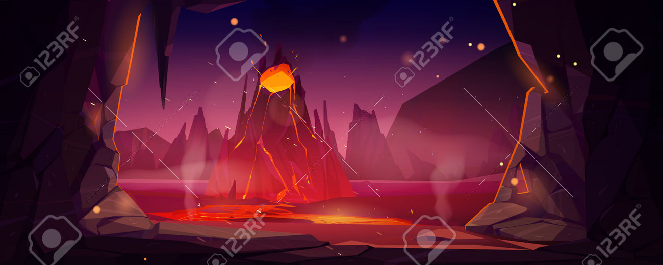 Vista da erupção do vulcão da caverna, fundo do halloween com paisagem do inferno, fluxo de magma fumegante para baixo da boca vulcânica. desastre da natureza, apocalipse com dreno líquido, ilustração do vetor dos desenhos animados - 176714040 Vista da erupção do vulcão da caverna, fundo do halloween com paisagem do inferno, fluxo de magma fumegante para baixo da boca vulcânica. desastre da natureza, apocalipse com dreno líquido, ilustração do vetor dos desenhos animados - 176714040