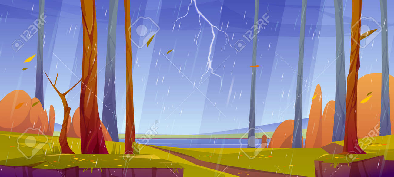 Paisaje Forestal Con Tormenta. Escena De Otoño Con Lago, Camino Y árboles Con Hojas De Naranja Bajo La Lluvia. Ilustración De Dibujos Animados Vectoriales De Bosques De Otoño, Lago Y Relámpagos En Paisaje Forestal Con Tormenta. Escena De Otoño Con Lago, Camino Y árboles Con Hojas De Naranja Bajo La Lluvia. Ilustración De Dibujos Animados Vectoriales De Bosques De Otoño, Lago Y Relámpagos En
