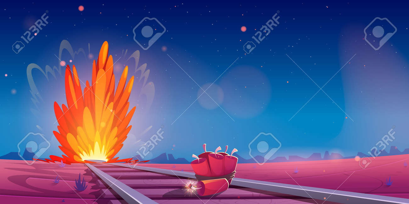 Paisagem ocidental selvagem com explosão e dinamite na estrada de ferro. ilustração do desenho animado do vetor da explosão na estrada de ferro e tnt com pavio ardente no deserto ocidental na noite - 184131277 Paisagem ocidental selvagem com explosão e dinamite na estrada de ferro. ilustração do desenho animado do vetor da explosão na estrada de ferro e tnt com pavio ardente no deserto ocidental na noite - 184131277