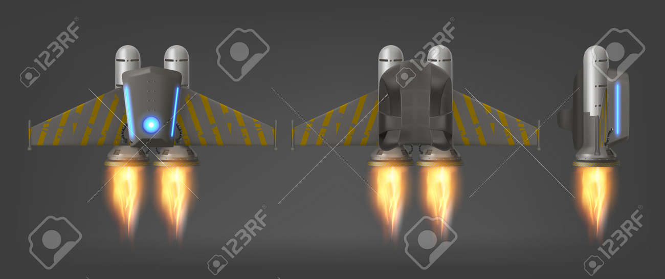 Jetpack com fogo e listras amarelas nas asas, vista superior, lateral e inferior, dispositivo vetorial 3d isolado para voar. jet pack futurista motor turbo mecânico com asas para piloto, ilustração realista - 186205412 Jetpack com fogo e listras amarelas nas asas, vista superior, lateral e inferior, dispositivo vetorial 3d isolado para voar. jet pack futurista motor turbo mecânico com asas para piloto, ilustração realista - 186205412