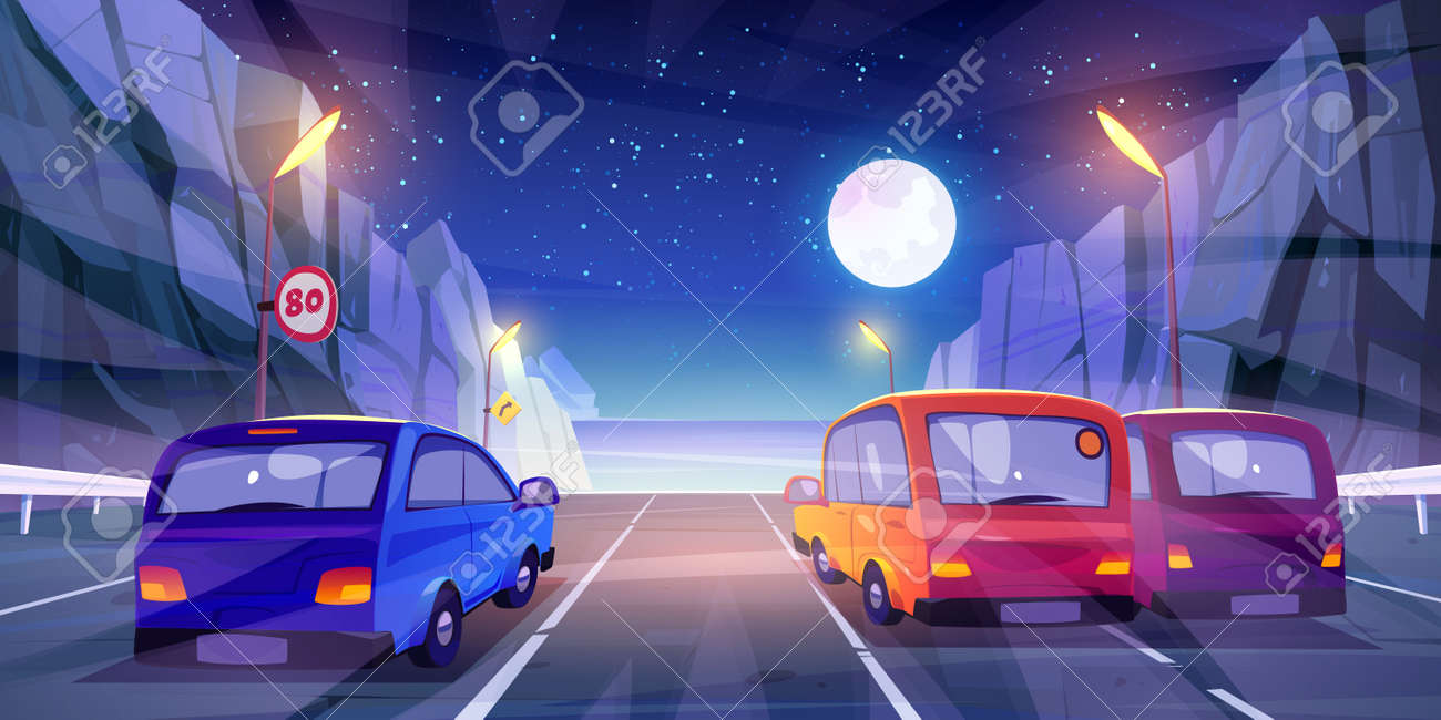 素人高速道路野外露出 夜の高速道路のリアビューで運転する車、フェンス、標識、海の景色、暗い星空の満月のある山道を走る車。アスファルトで舗装された高速道路の漫画のベクターイラストの車両のイラスト素材・ベクター  Image 190180783