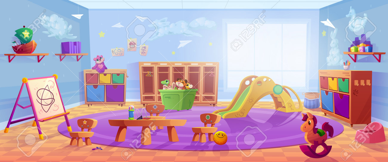 Jardin d'enfants, salle de jeux avec table, chaises, casiers, toboggan et coffre à jouets. illustration de dessin animé de vecteur de l'intérieur de la garderie avec chevalet pour le dessin, les étagères, le pot de bébé et les placards - 191673515 Jardin d'enfants, salle de jeux avec table, chaises, casiers, toboggan et coffre à jouets. illustration de dessin animé de vecteur de l'intérieur de la garderie avec chevalet pour le dessin, les étagères, le pot de bébé et les placards - 191673515