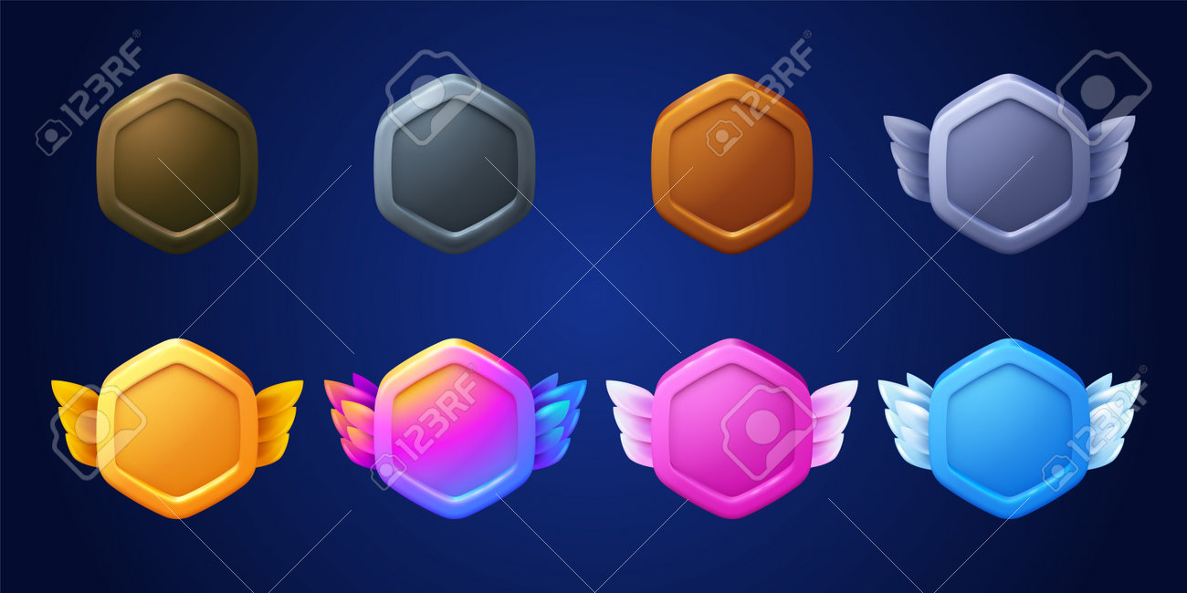 날개 게임 메달이 있는 육각형 프레임의 게임 배지 버튼 금속 금색 청동 은색 및 그라데이션 색상 엠블럼 벡터 만화 세트는 배경에  격리되어 있습니다. 로열티 무료 사진, 그림, 이미지 그리고 스톡포토그래피. Image 197332846