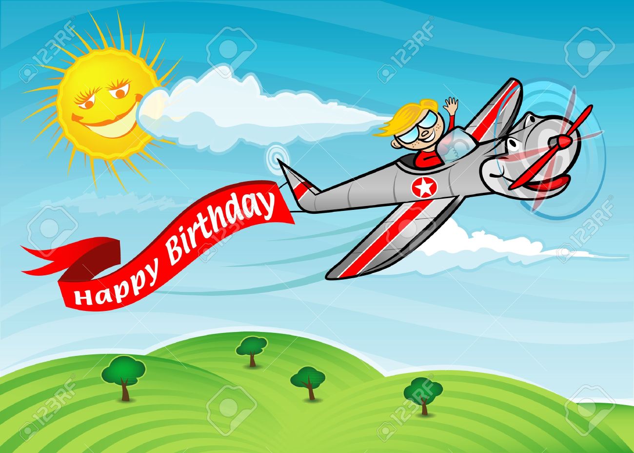 Un Garcon De Faire Voler Un Avion Avec Une Banderole Qui Dit Anniversaire Clip Art Libres De Droits Vecteurs Et Illustration Image