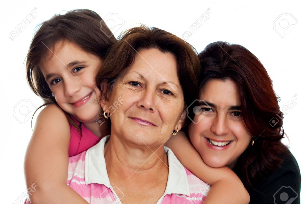 ラテン語の祖母 娘と娘 白い背景に笑みを浮かべて の写真素材 画像素材 Image