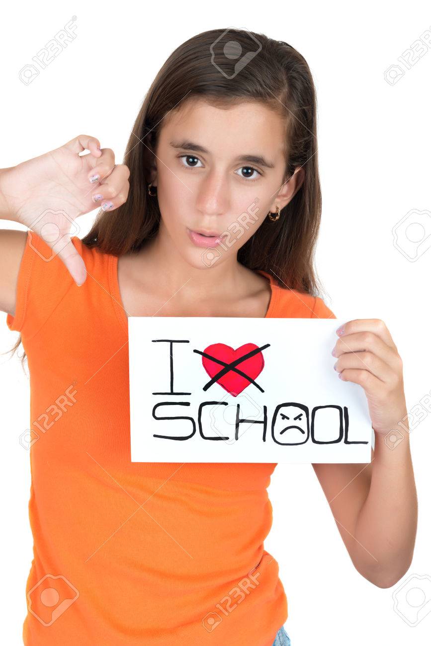 Teenage Girl Holding A Sign With The Words I Hate School Isolated On White  Stock Photo, Picture and Royalty Free Image. Image 32852002.