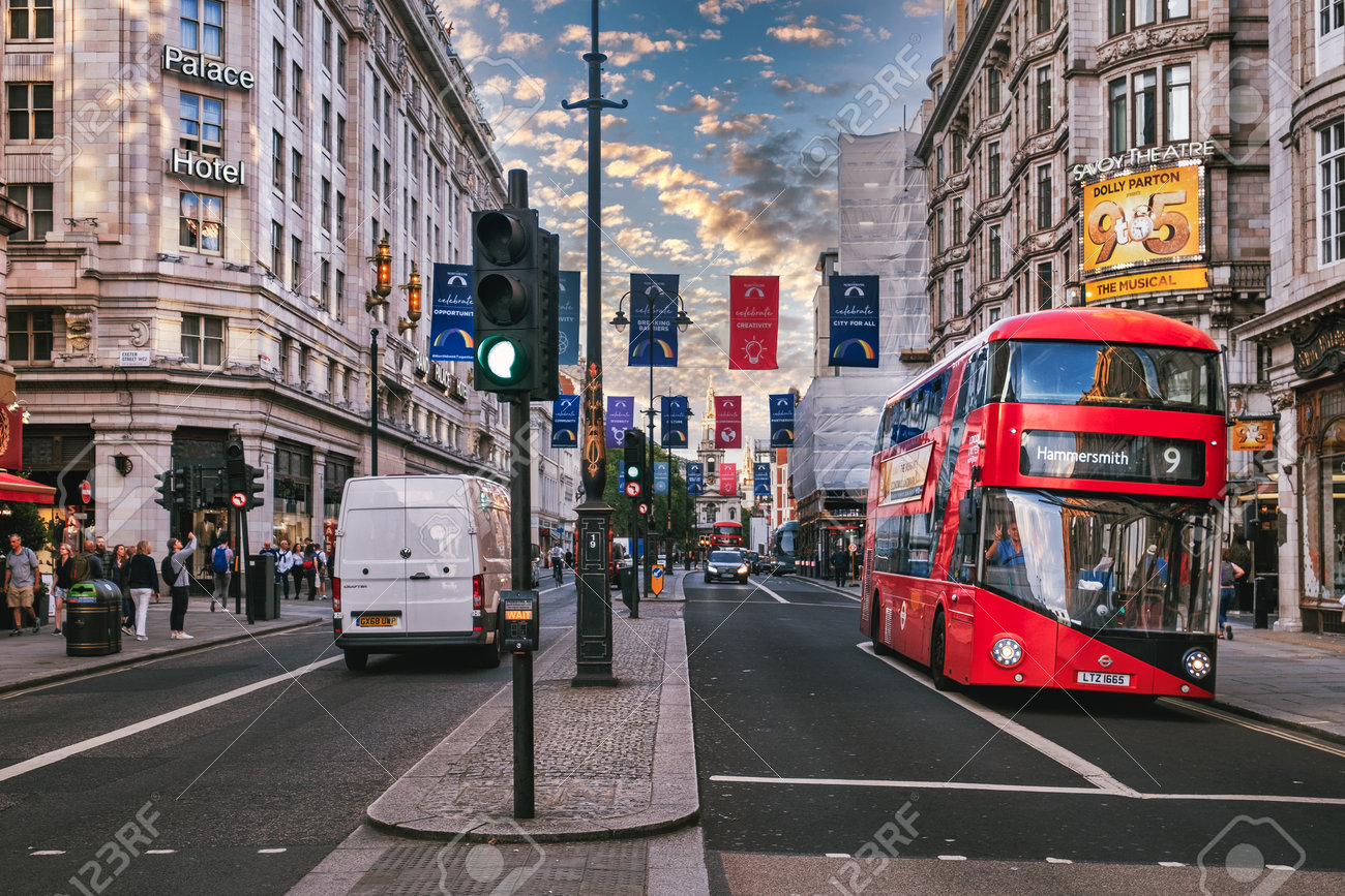 Street scene with double decker bus at The Strand in London - 158962813 Street scene with double decker bus at The Strand in London - 158962813
