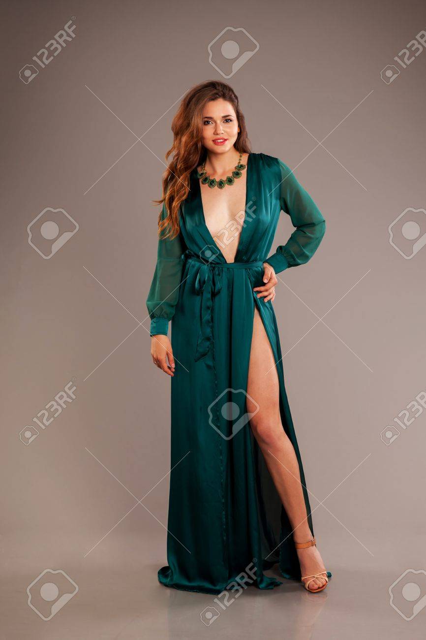 Body Shape Attractive Women In Long Green Dress With Wavy Hairstyle