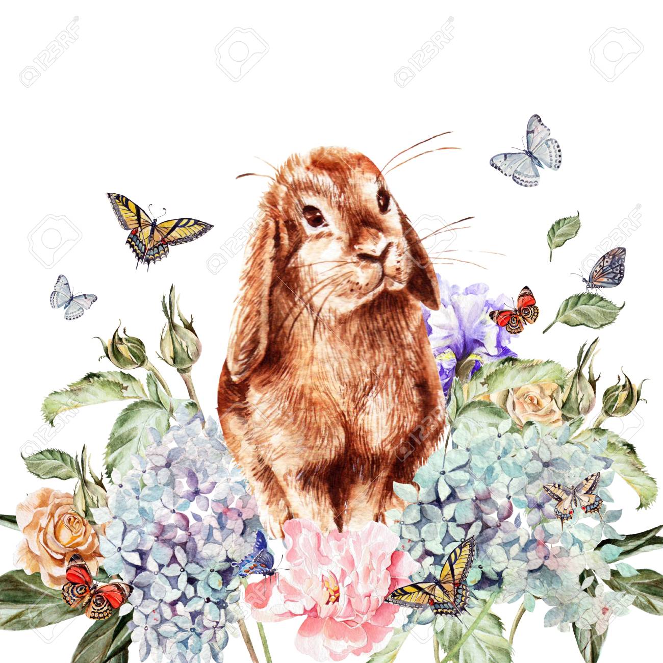 ウサギと花 水彩イラスト の写真素材 画像素材 Image