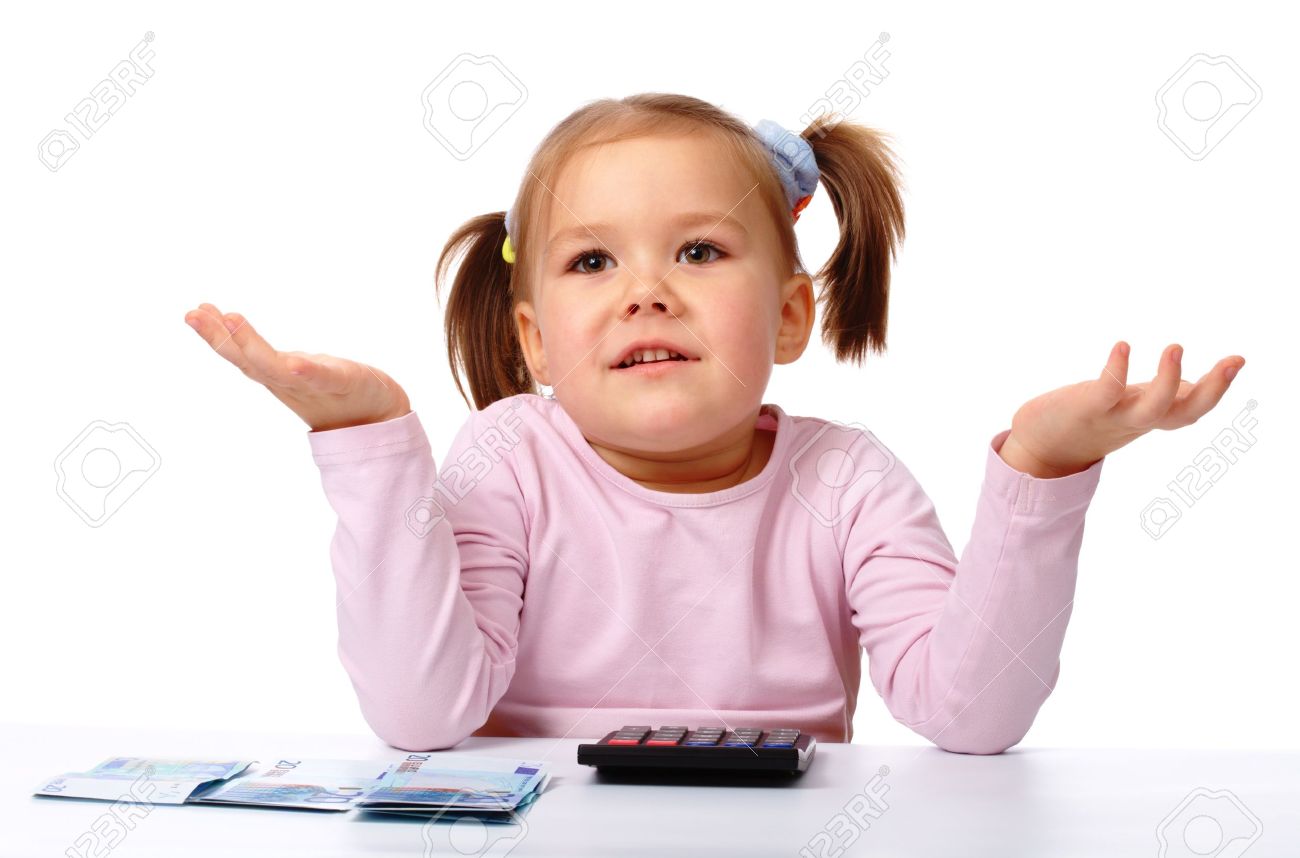 Cute little girl with few twenty euro banknotes and calculator shrugging her shoulders, isolated over white - 8964117 Cute little girl with few twenty euro banknotes and calculator shrugging her shoulders, isolated over white - 8964117