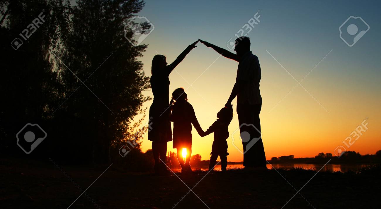 Silhouette Of A Happy Family With Children Stock Photo, Picture and Royalty  Free Image. Image 64482291., image size:1300x715
