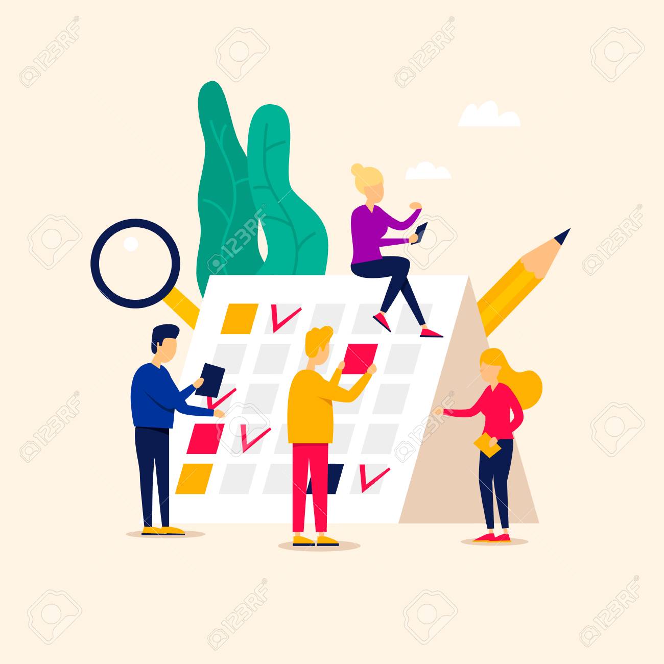 planning group of people near the calendar flat style vector group planning calendar