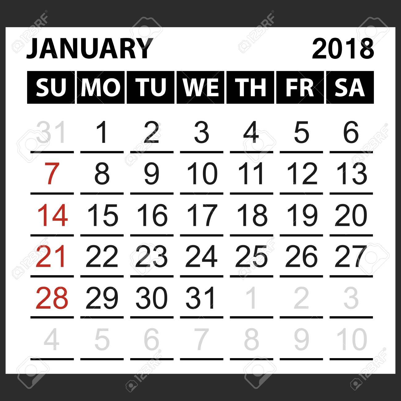 calendar page january 2018