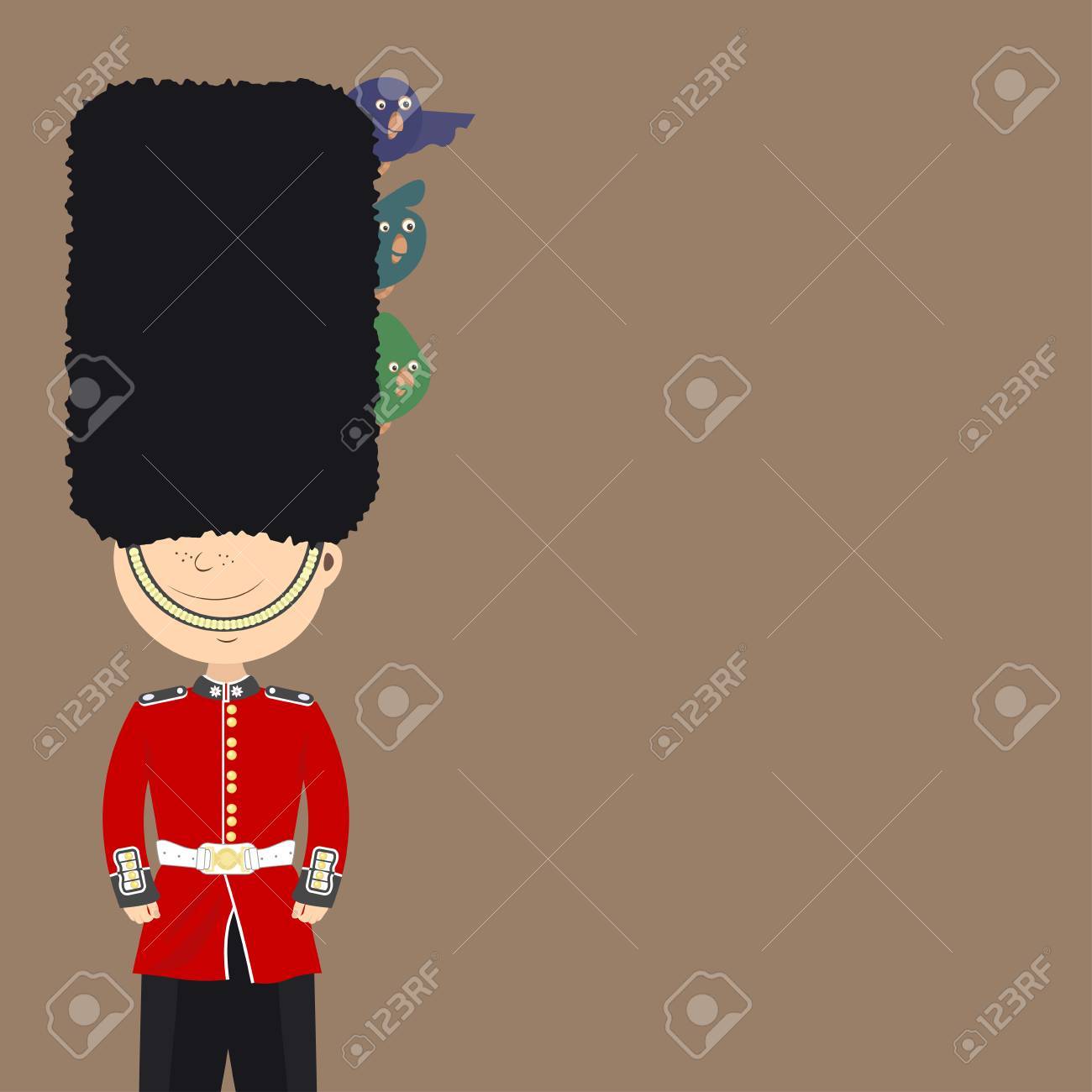 英語ガード イギリス人が勤務です 面白い鳥帽子に座っています バック グラウンドのイラスト素材 ベクタ Image