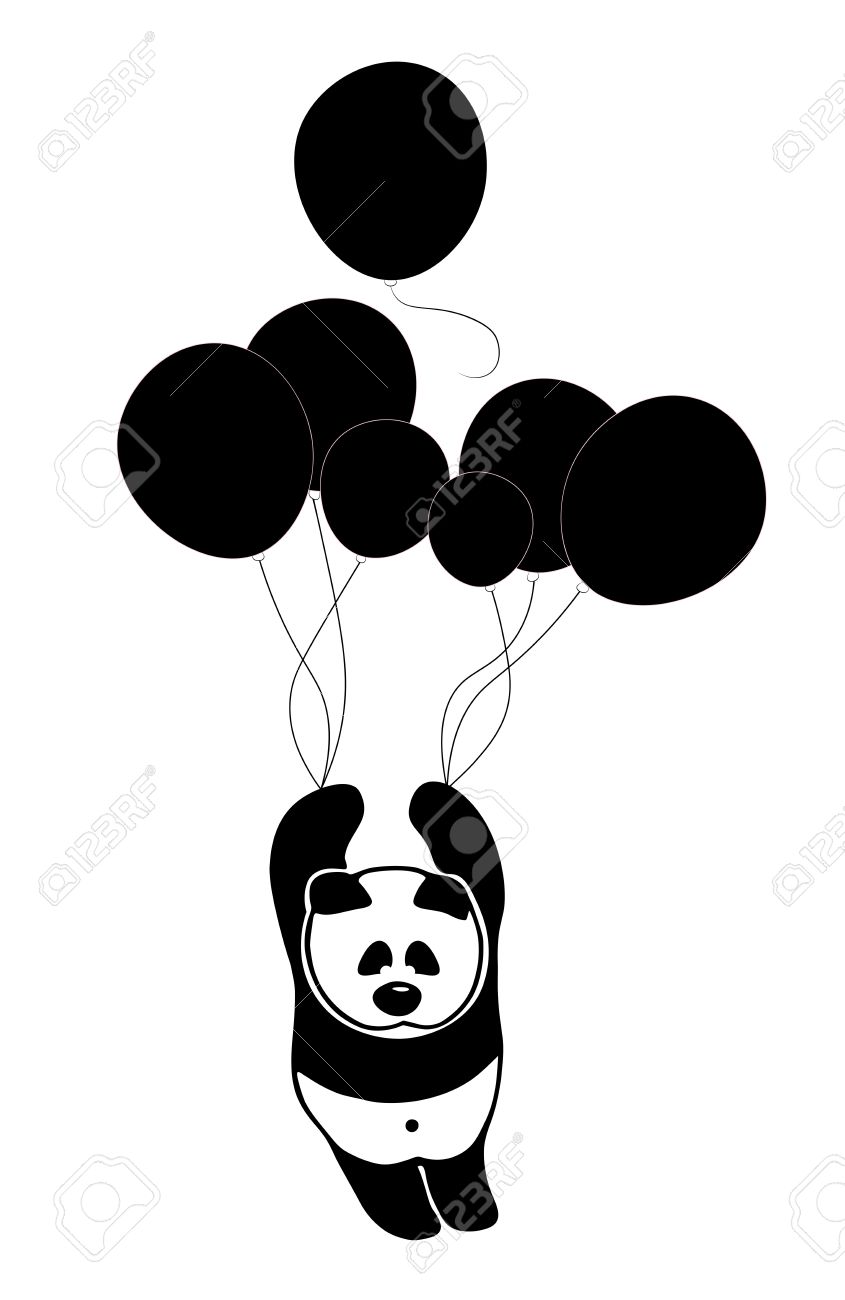 悲しいパンダは孤独と平和を求めて風船で空気の空に上昇します のイラスト素材 ベクタ Image