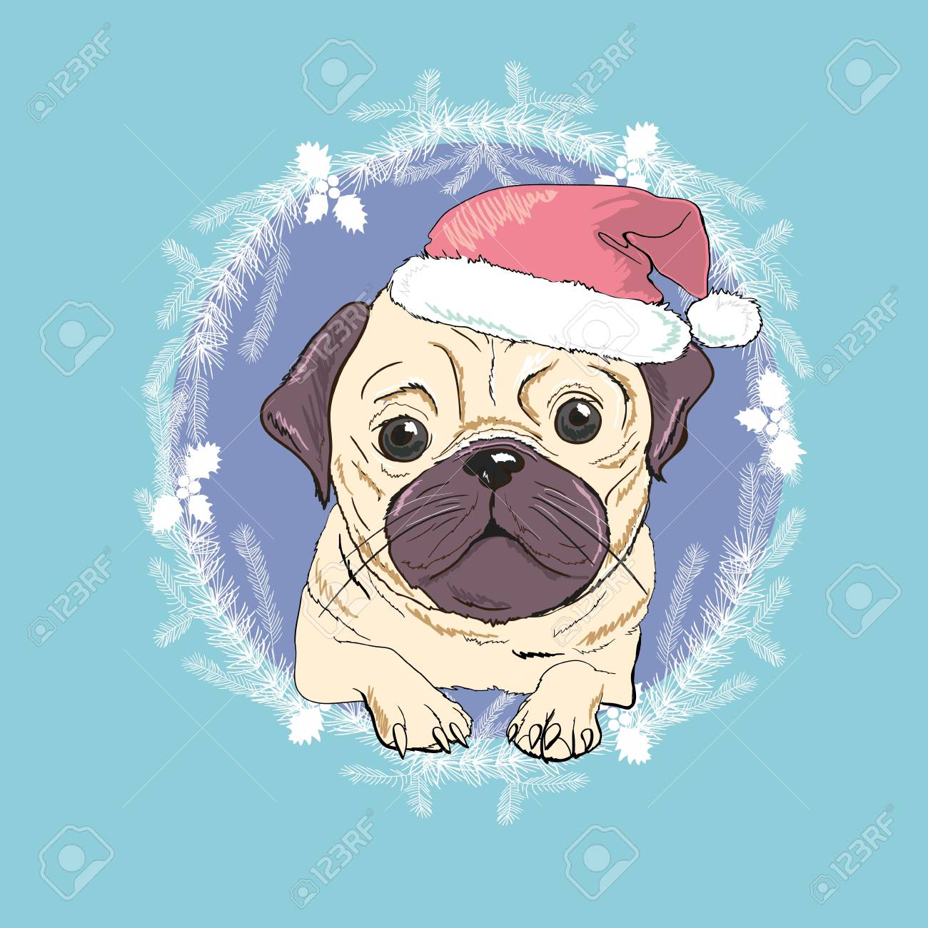 Pug dog with red Santa's hat illustration. - 90150237 Pug dog with red Santa's hat illustration. - 90150237