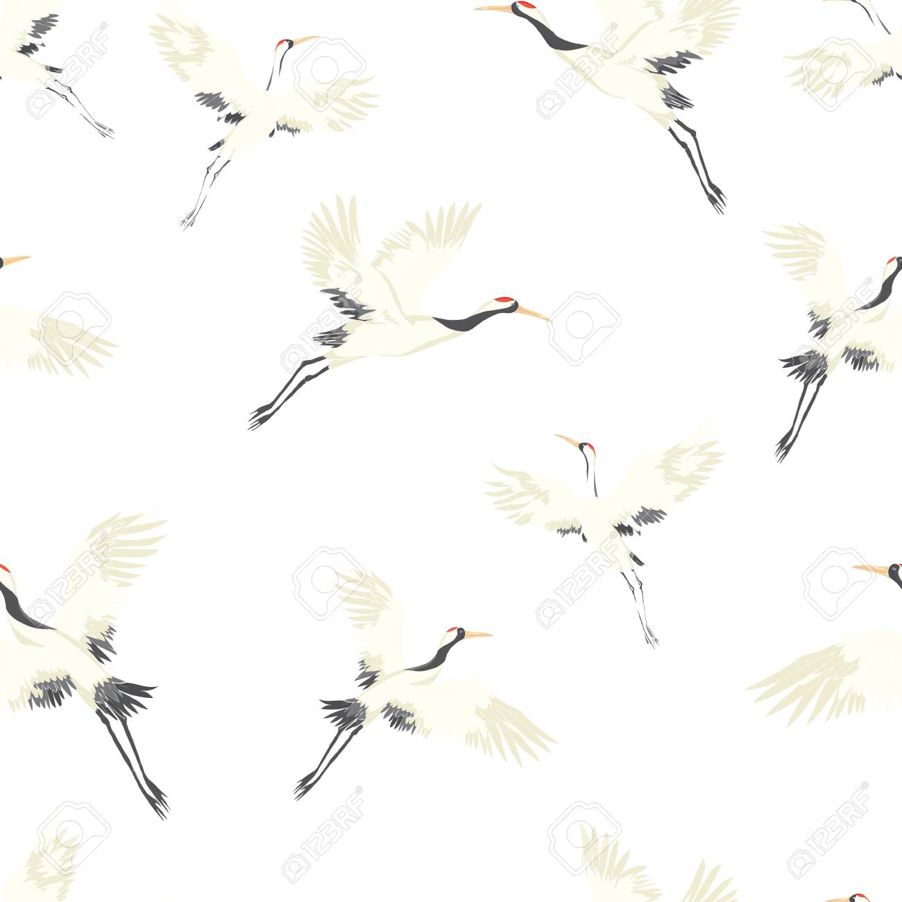 Seamless background, with Oriental motifs, cranes are flying, pattern vector illustration bird flower. Vector illustration. - 141013146 Seamless background, with Oriental motifs, cranes are flying, pattern vector illustration bird flower. Vector illustration. - 141013146