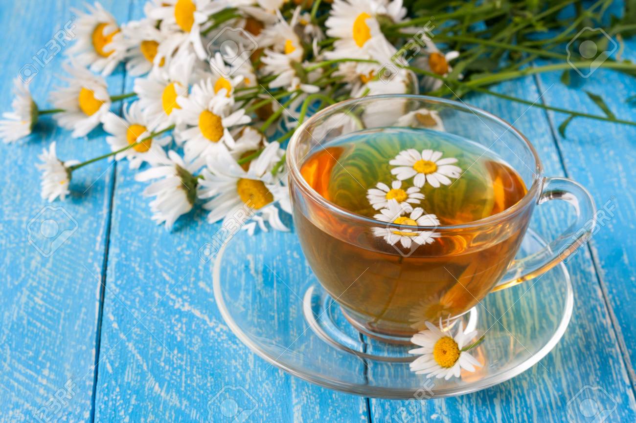 青い木製の背景の上に新鮮なカモミール花とハーブティー の写真素材 画像素材 Image