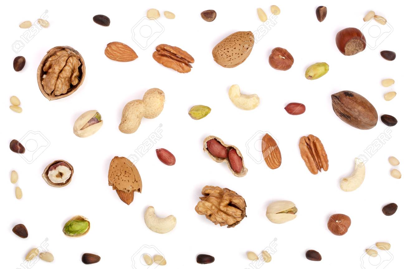 mix of different nuts isolated on white background, Flat lay pattern, Top view - 90044206 mix of different nuts isolated on white background, Flat lay pattern, Top view - 90044206