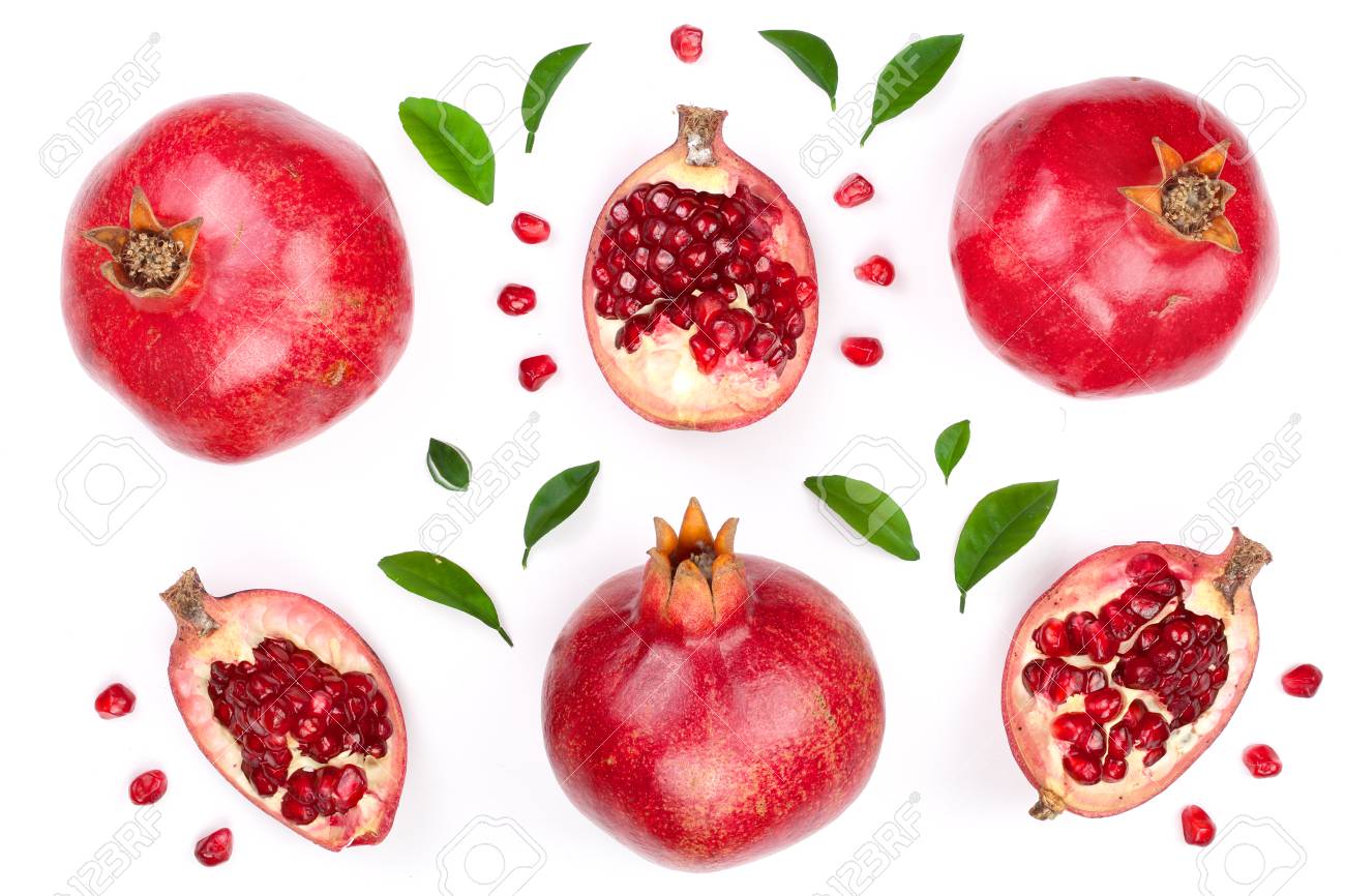 pomegranate with leaves isolated on white background. Top view. Flat lay pattern - 96239890 pomegranate with leaves isolated on white background. Top view. Flat lay pattern - 96239890