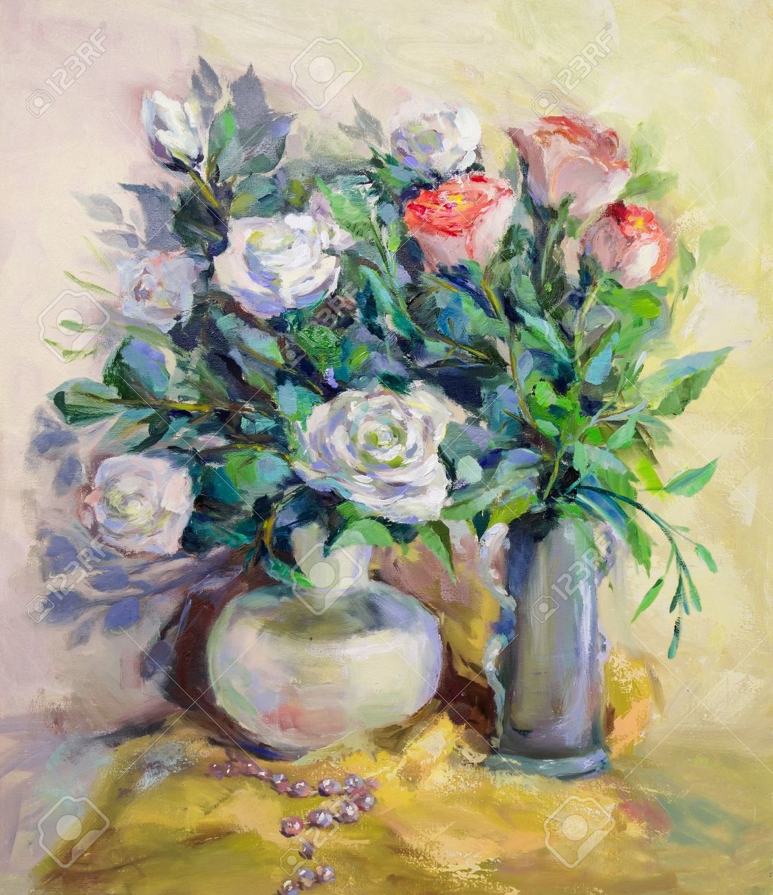 油彩画、印象派のスタイル、テクスチャーのペイント、花のある静物絵画