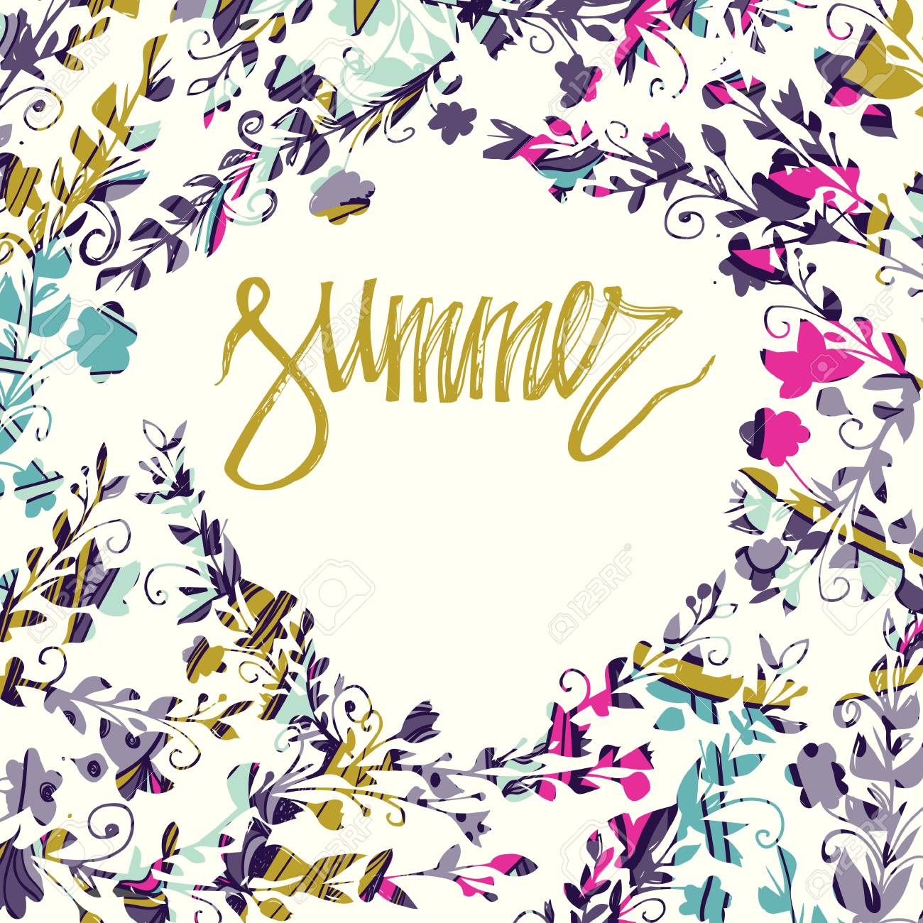 丸い花のフレームと白い背景上夏カードです 花のカードです 新鮮な夏のイラスト 夏のシーズン 夏の壁紙 夏の分離したバナー のイラスト素材 ベクタ Image