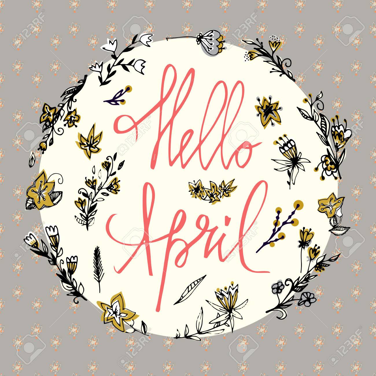 こんにちは 4 月 春のカード グリーティング カード 招待状のテンプレートの葉で春シーズンをレタリングします 手には グリーティング カード 招待状 Web デザインのための文字が描かれました のイラスト素材 ベクタ Image