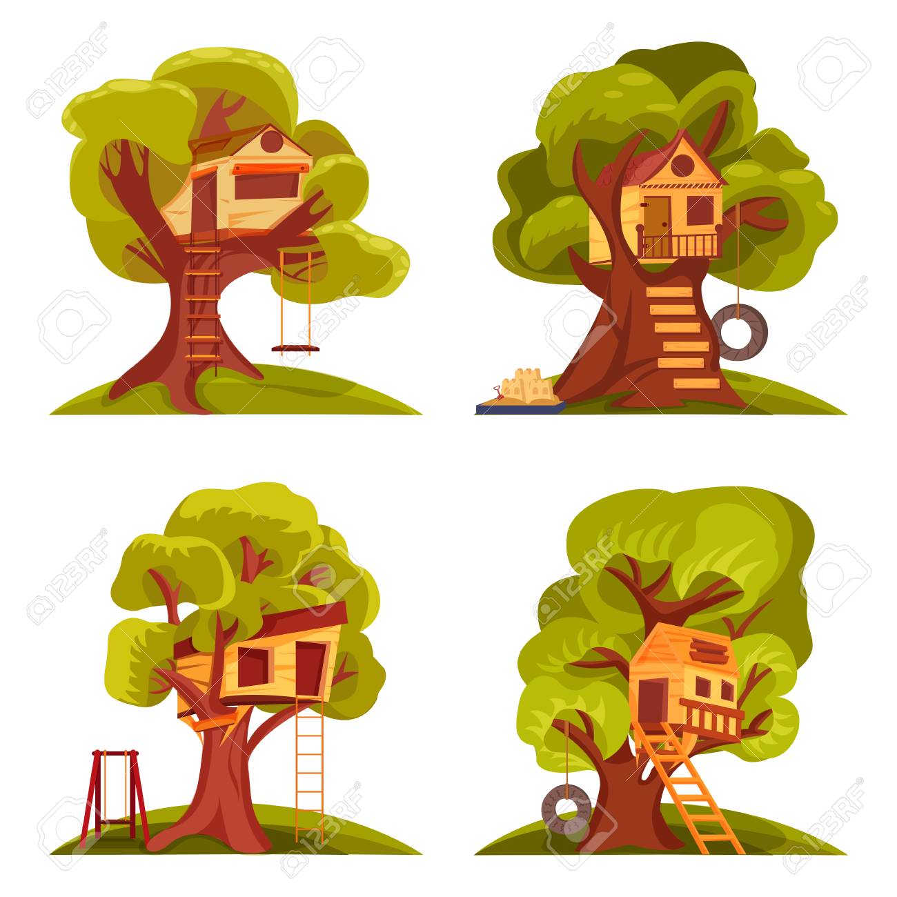 Set Of Tree Houses For Children Wooden Huts Between Foliage