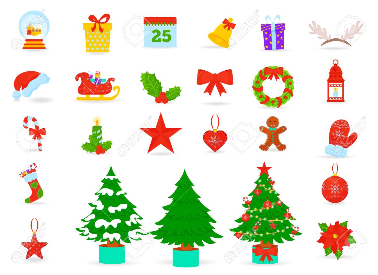 Christmas Symbols Flat Vector Icons Set. Santa Hat, Gift Boxes And Xmas Socks. Christmas Trees With Toys And Gingerbread Isolated Flat Vector Set. Kids Vacation Fun And Celebration Illustrations Royalty Free Cliparts,