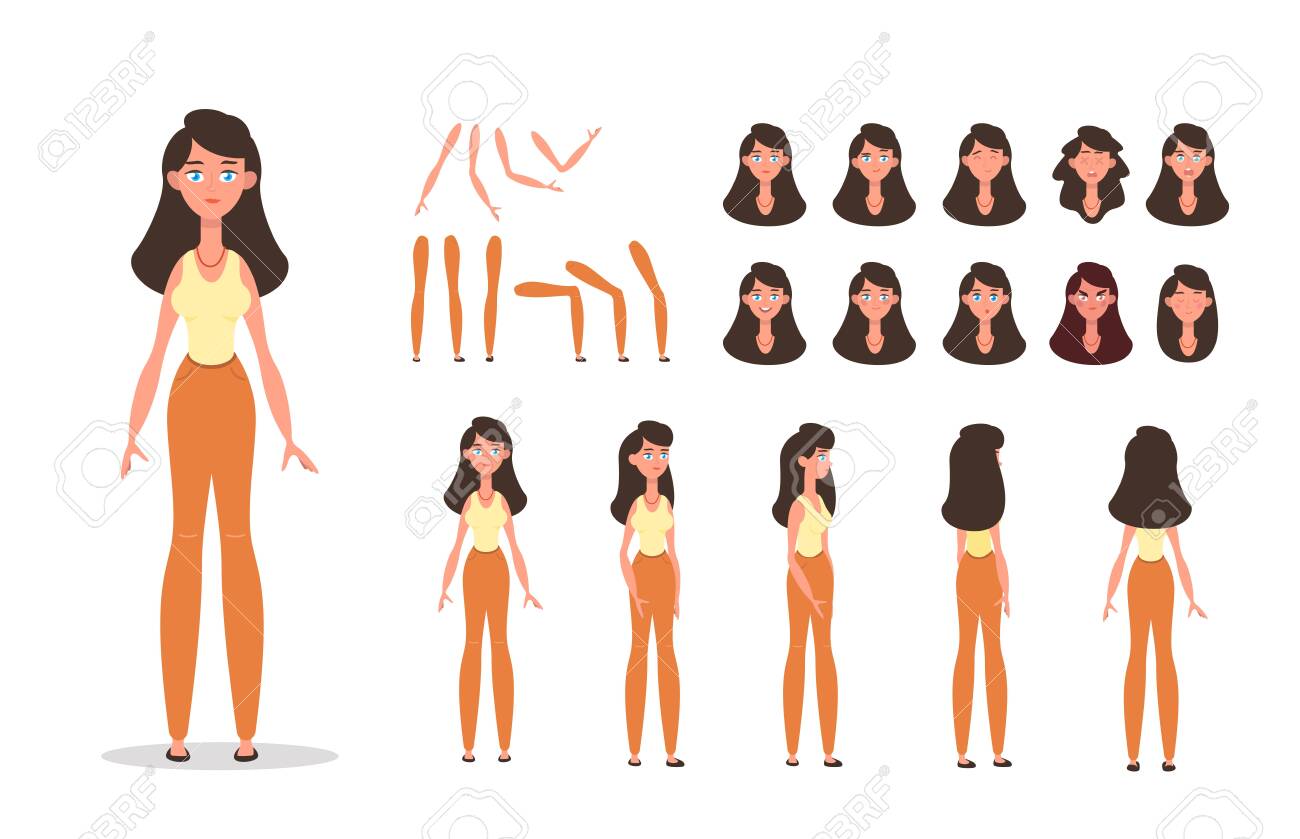 Woman character constructor for animation with various views, poses, gestures, hairstyles and emotions. Cartoon young woman, female parts of body ready to use poses. Vector illustration - 143018556 Woman character constructor for animation with various views, poses, gestures, hairstyles and emotions. Cartoon young woman, female parts of body ready to use poses. Vector illustration - 143018556