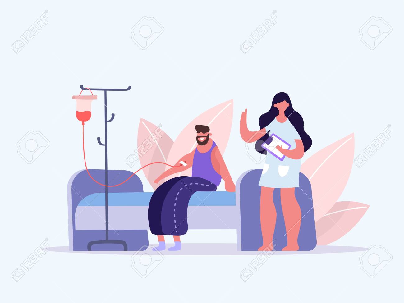 Volunteers in Medical Hospital Donating Blood. Man donate blood. World Blood Donor Day. Female nurse doing a blood test to a patient. Health Care. Vector illustration of a flat design - 143018572 Volunteers in Medical Hospital Donating Blood. Man donate blood. World Blood Donor Day. Female nurse doing a blood test to a patient. Health Care. Vector illustration of a flat design - 143018572