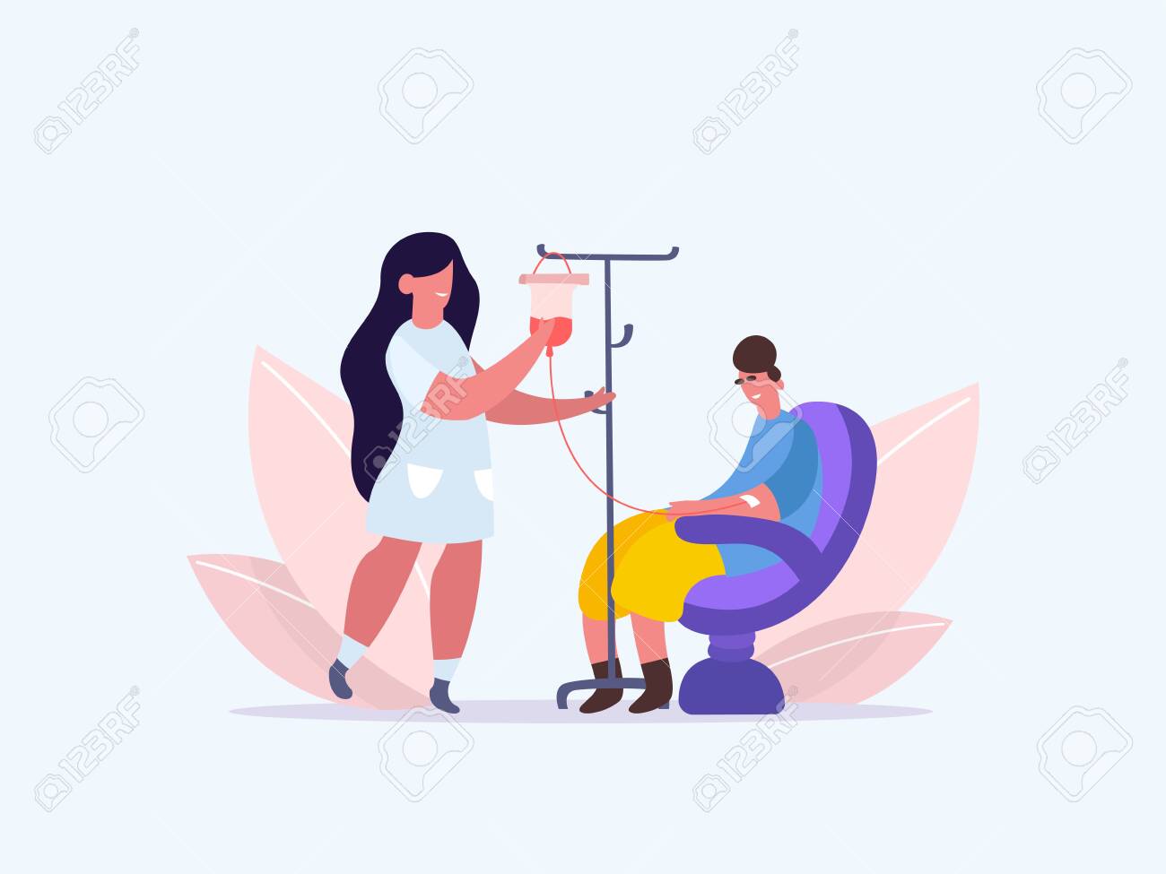 Volunteers in Medical Hospital Donating Blood. woman donate blood. World Blood Donor Day. Female nurse doing a blood test to a patient. Health Care. Vector illustration of a flat design - 143018624 Volunteers in Medical Hospital Donating Blood. woman donate blood. World Blood Donor Day. Female nurse doing a blood test to a patient. Health Care. Vector illustration of a flat design - 143018624
