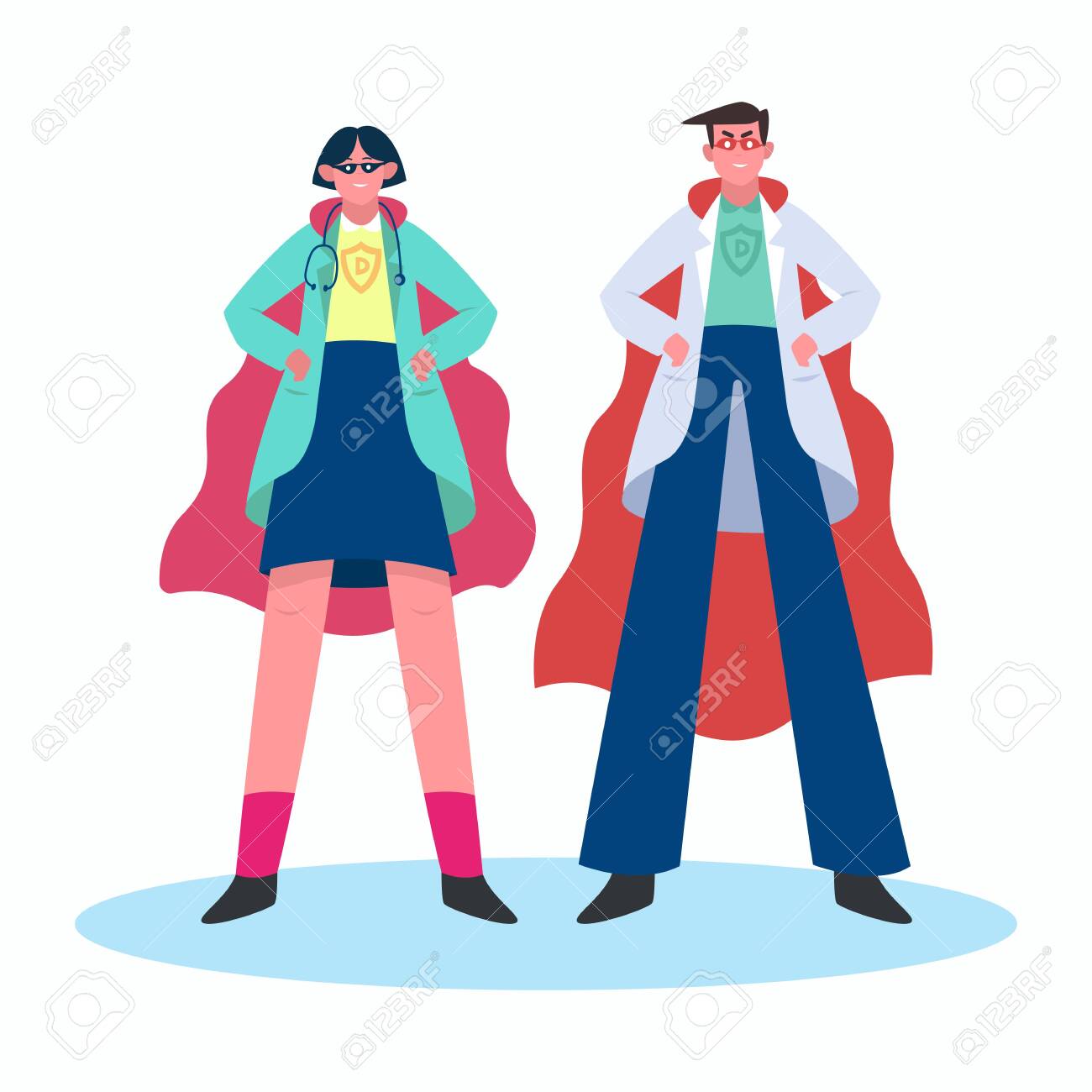 Super doctors with red hero cloak and shield vs covid19. Female and male superhero doctor. Protection against Caronavirus concept Vector illustration design. - 145121839 Super doctors with red hero cloak and shield vs covid19. Female and male superhero doctor. Protection against Caronavirus concept Vector illustration design. - 145121839