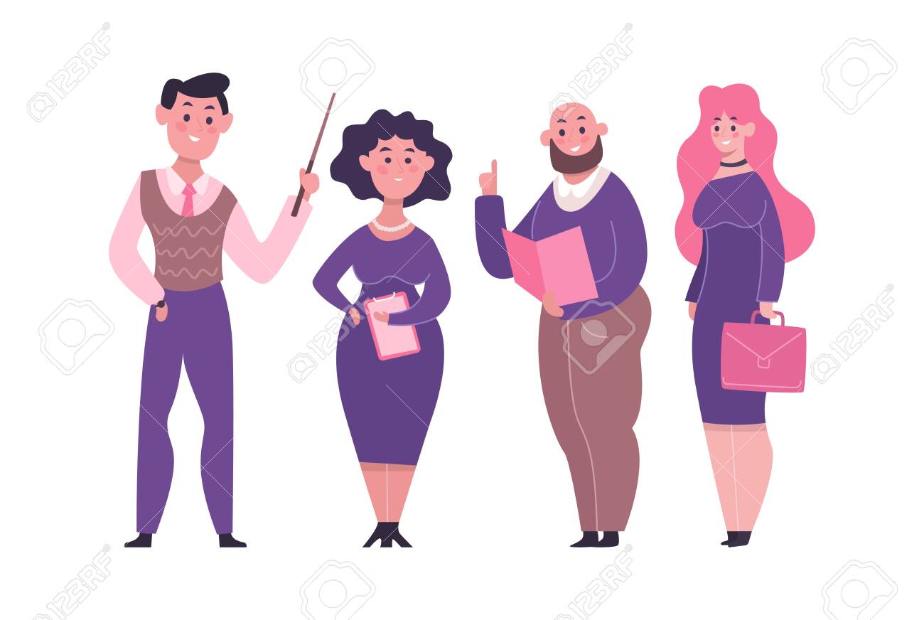 Set of teachers in different poses showing various gestures. Education cartoon template with different characters of male and female teachers. Vector illustration - 144558885 Set of teachers in different poses showing various gestures. Education cartoon template with different characters of male and female teachers. Vector illustration - 144558885