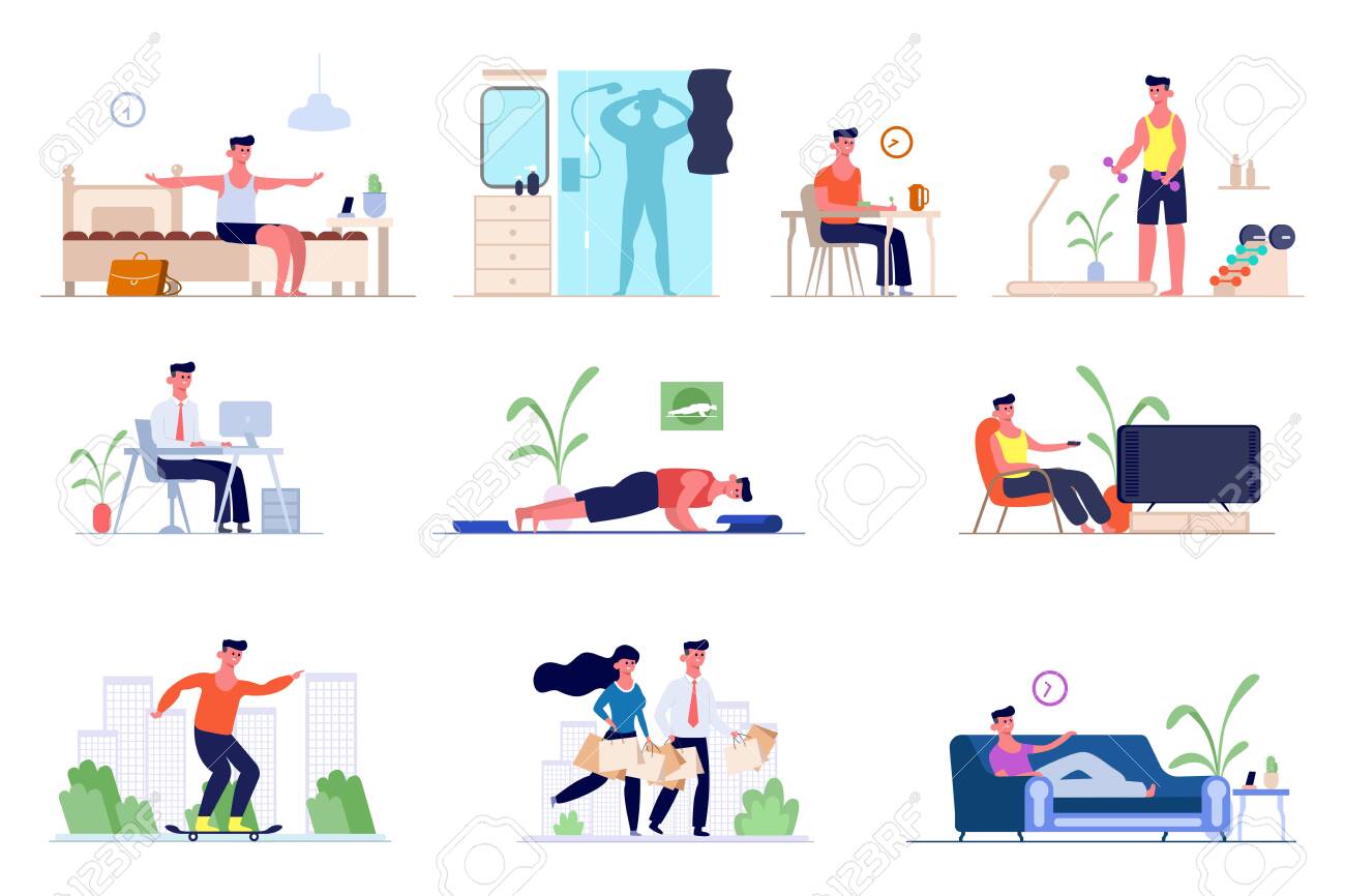 A set of daily routine men. Awakening in the morning, morning exercises, bathing in the shower, breakfast , office work, shopping, watching TV, skateboarding, sleeping. Vector graphics in flat style. - 146211254 A set of daily routine men. Awakening in the morning, morning exercises, bathing in the shower, breakfast , office work, shopping, watching TV, skateboarding, sleeping. Vector graphics in flat style. - 146211254