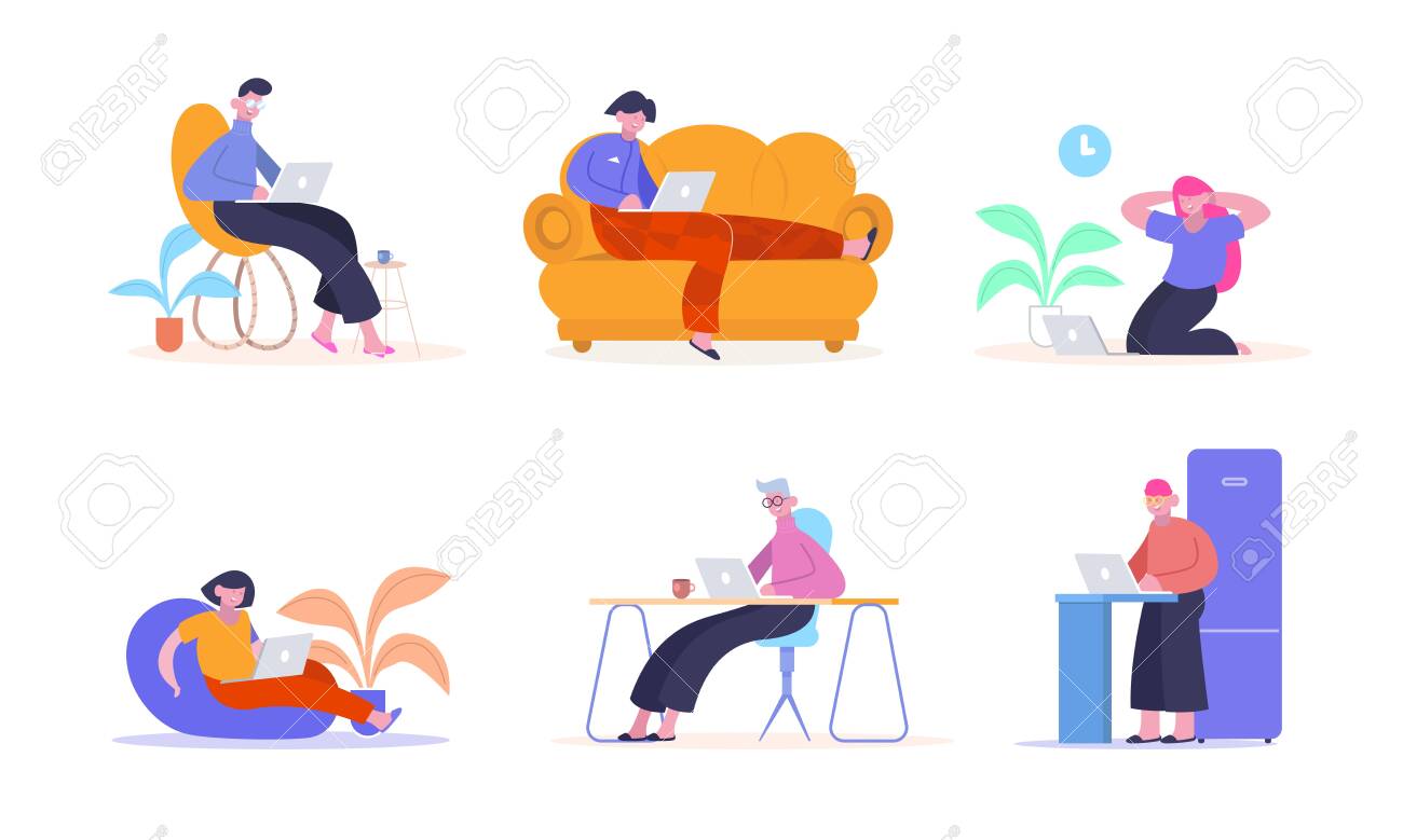 Work from home. People with laptops happily work remotely from home on couch chair ottoman creative color illustration professional freelancers online work. Vector flat style. - 147219246 Work from home. People with laptops happily work remotely from home on couch chair ottoman creative color illustration professional freelancers online work. Vector flat style. - 147219246
