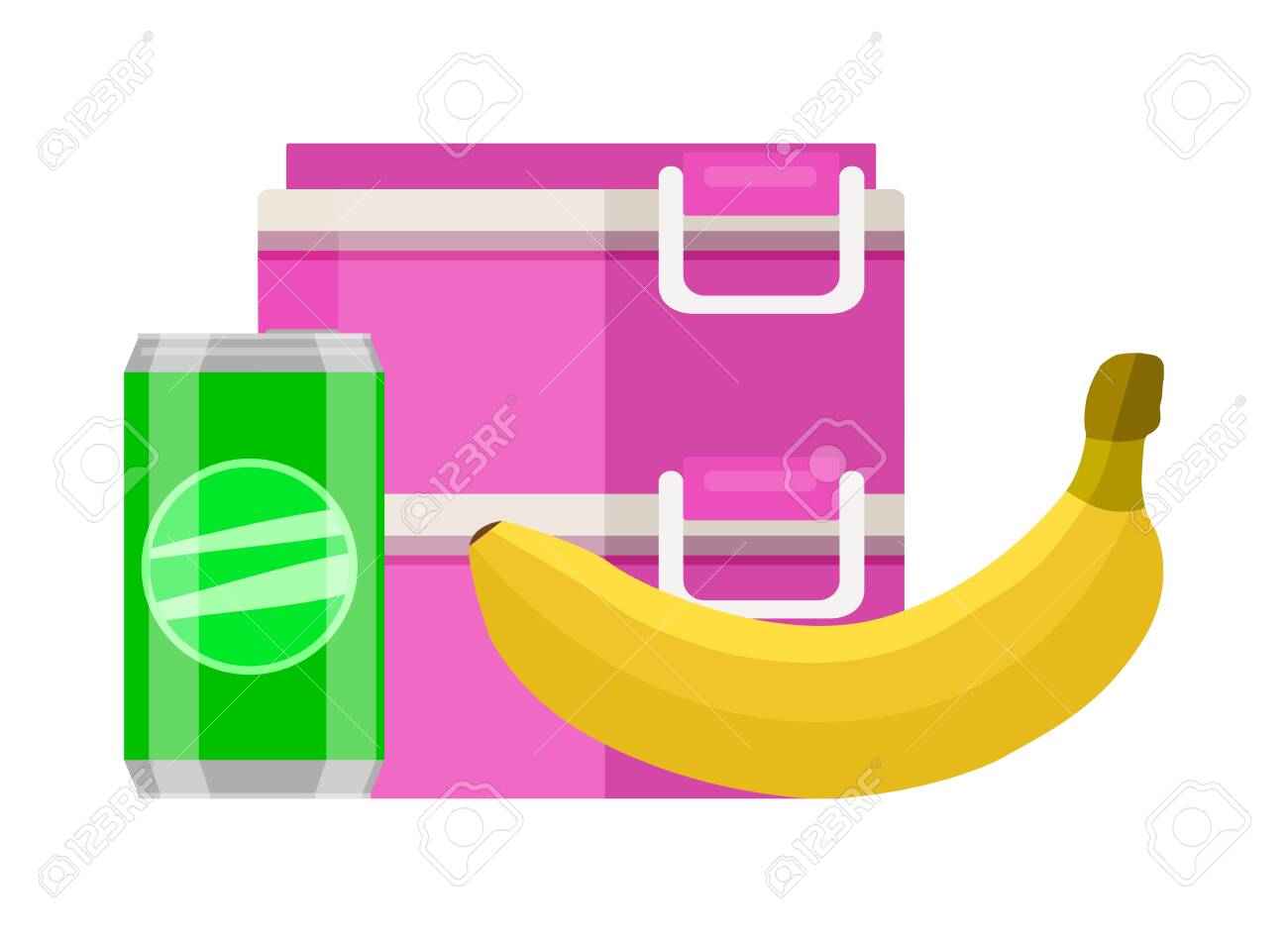 Lunchbox school snack. Pink two tier food container lunchbox yellow ripe banana green soda can healthy fresh breakfast every day. Tasty vector clipart. - 147219263 Lunchbox school snack. Pink two tier food container lunchbox yellow ripe banana green soda can healthy fresh breakfast every day. Tasty vector clipart. - 147219263