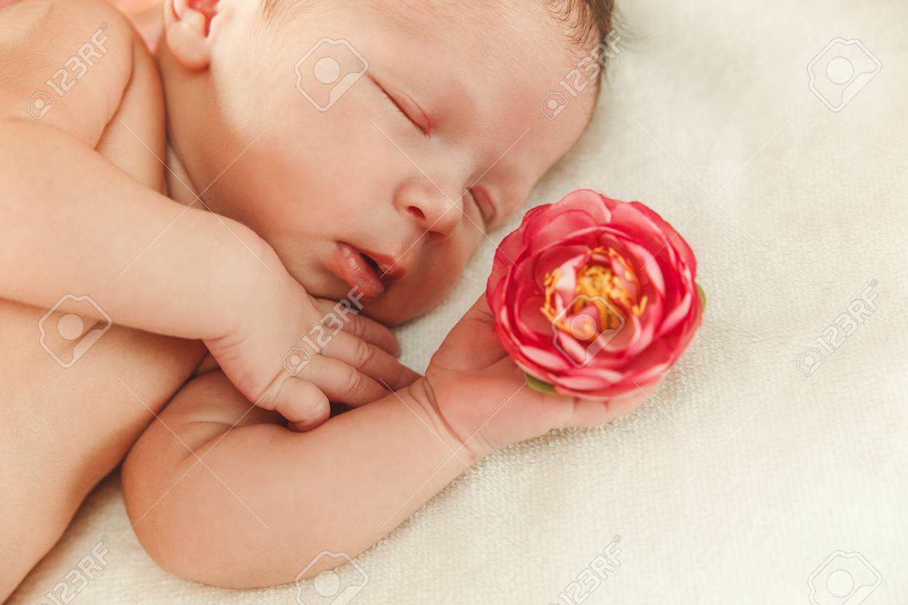 Le Bebe Nouveau Ne Glissant Mignon Avec Fleur En Petite Main Touchante Banque D Images Et Photos Libres De Droits Image
