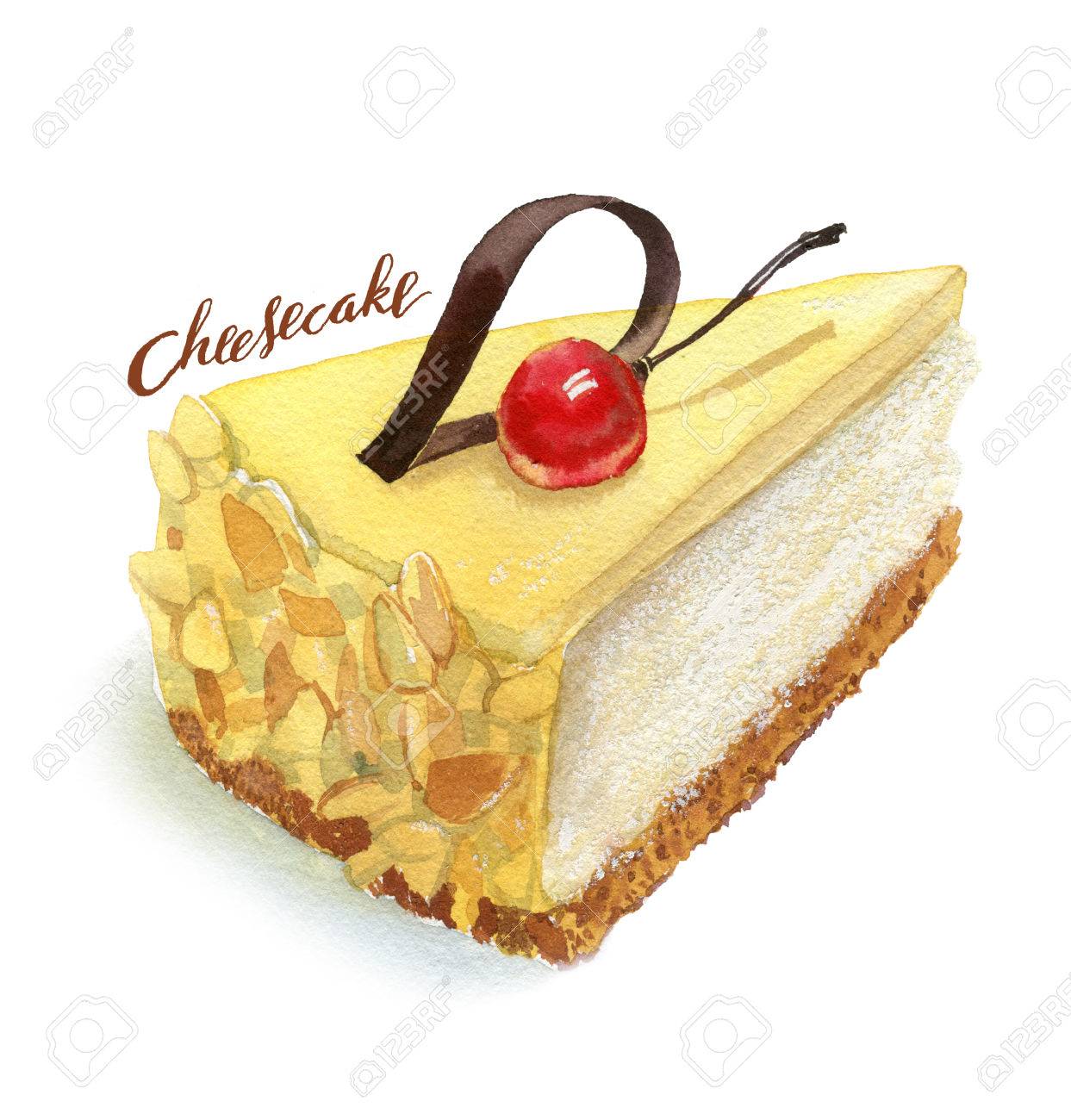 チーズケーキ手描きの水彩画のリアルなイラスト の写真素材 画像素材 Image