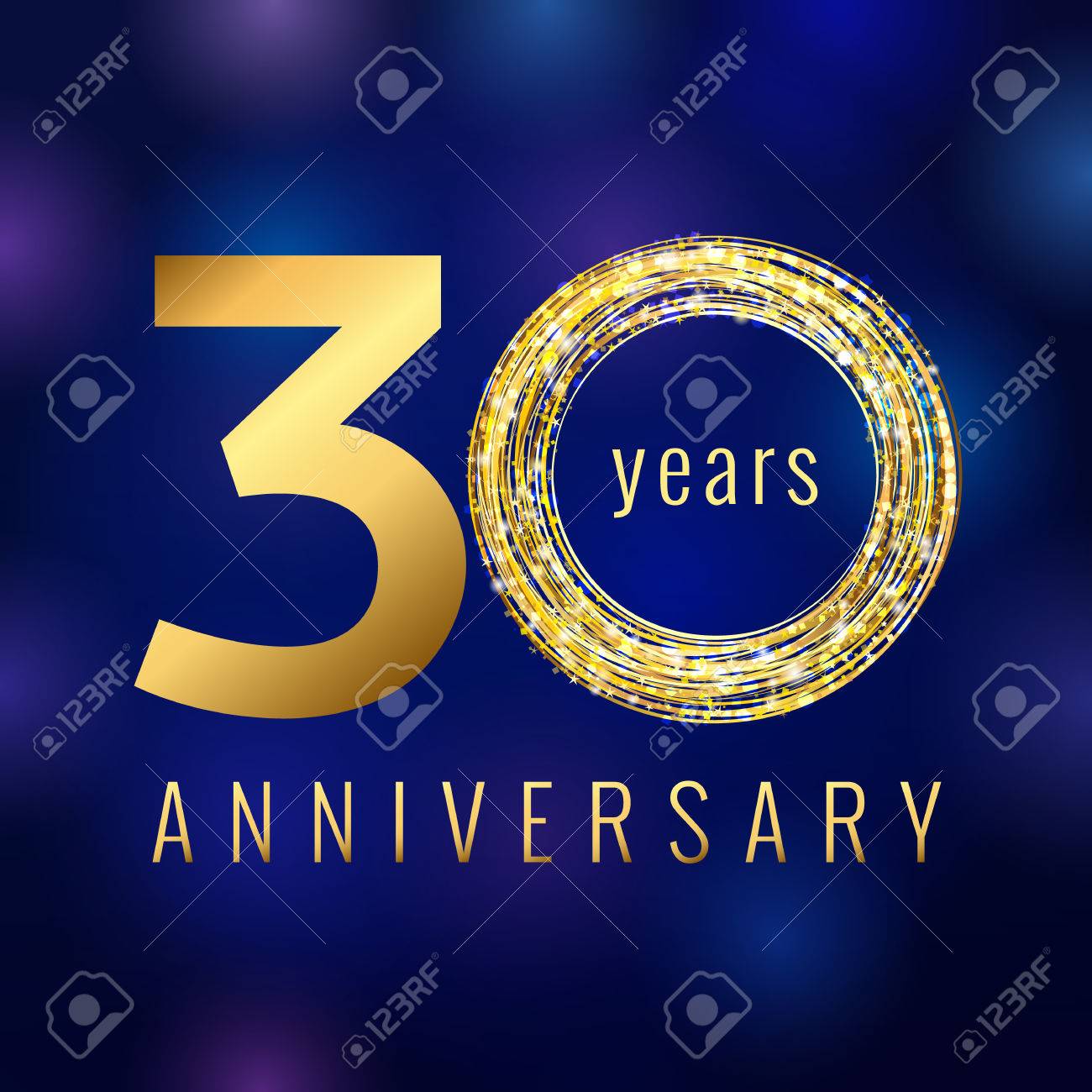 Anniversary 30 Year Number Gold Colored Vector Logo Thirty Years Colorful Greeting Card With Shining Icon On Blue Abstract Background Business Fashion Stock Lighting Sign Celebration Event Symbol Royalty Free Cliparts Vectors
