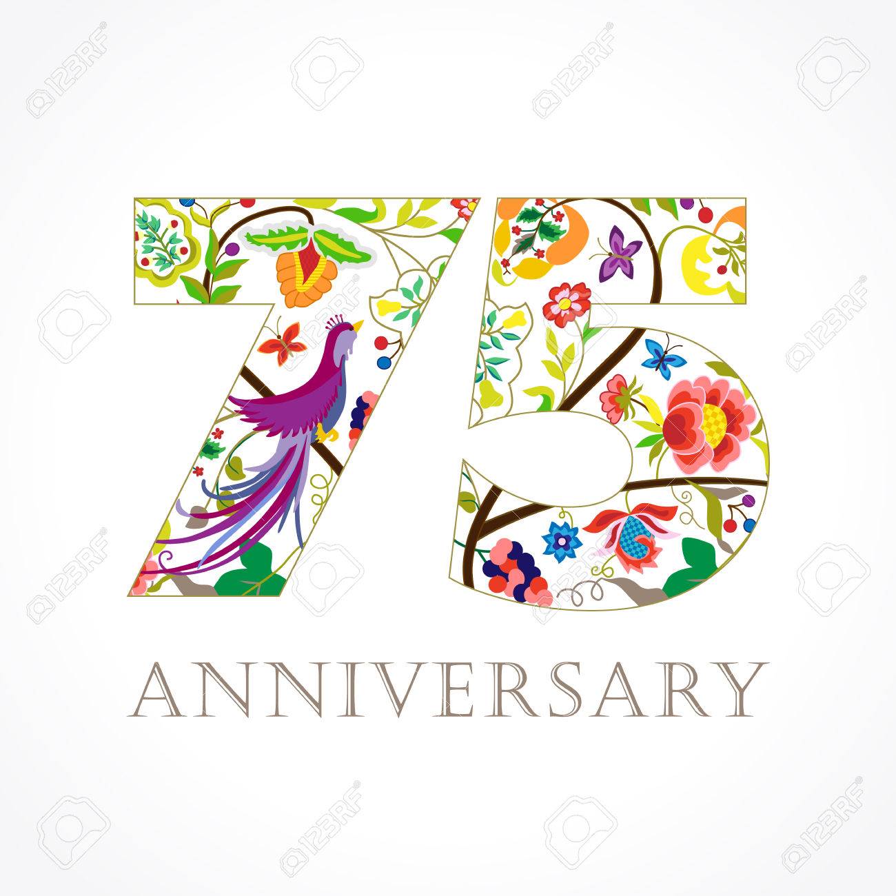 75 Ans Modele Colore 75eme Joyeux Anniversaire Fleurs Ethniques Plantes Oiseaux Paradisiaques Des Felicitations Decoratives Traditionnelles Dans Diverses Couleurs Clip Art Libres De Droits Svg Vecteurs Et Illustration Image