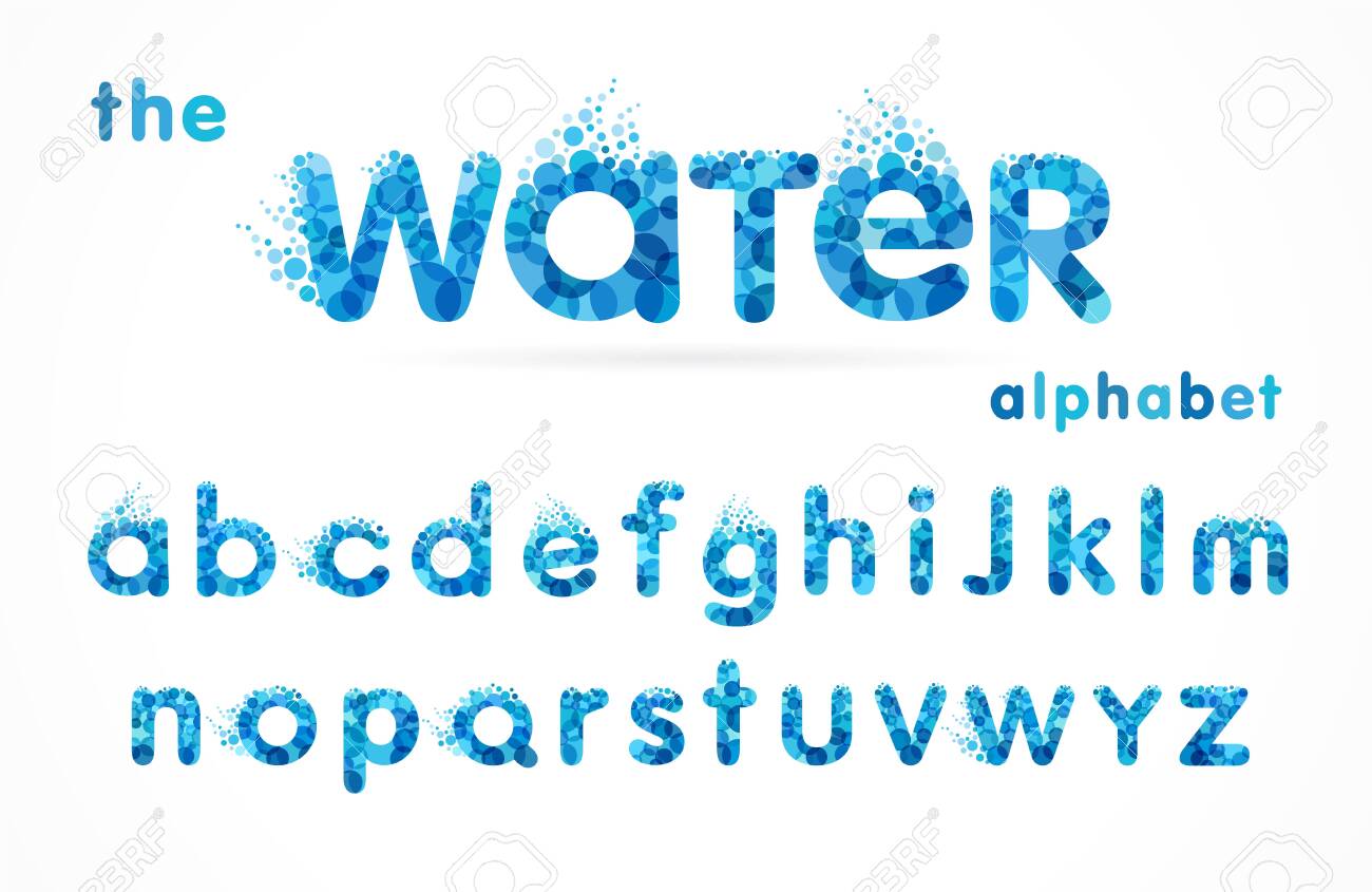 water drops font funny blue alphabet letters and waves mineral water drops font