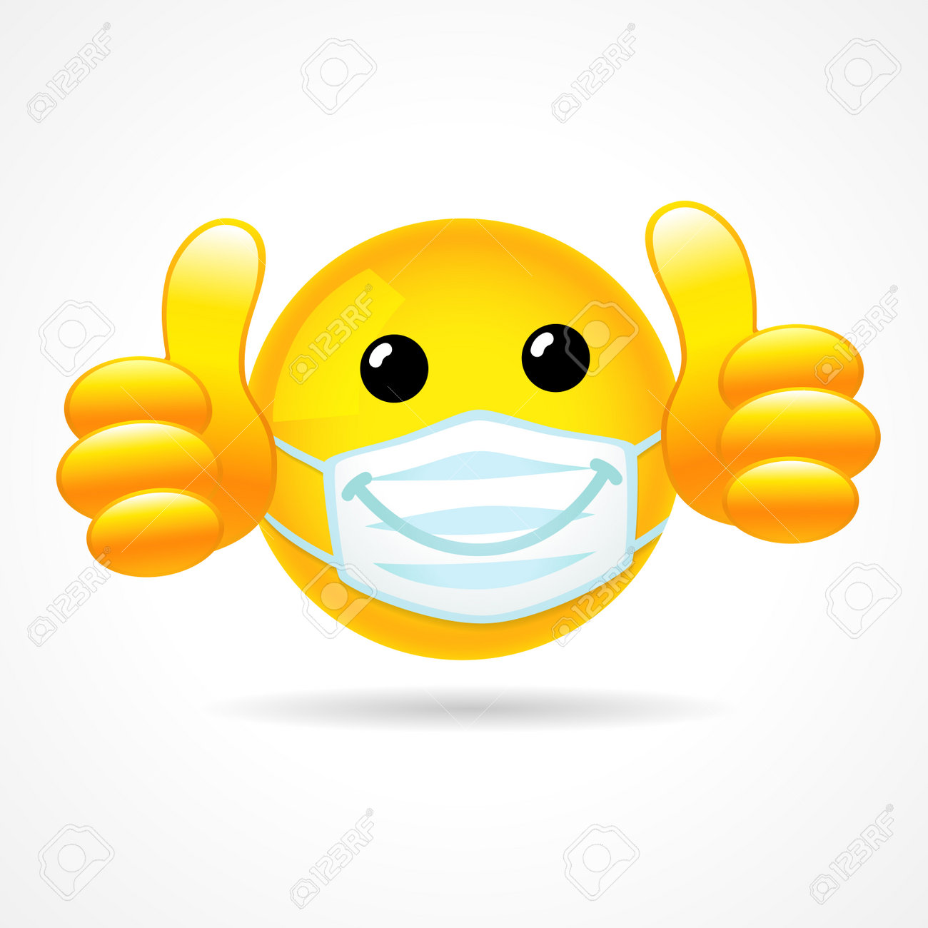 Emoji Smile Face With Protective Mouth Mask Showing Thumb Up. Yellow  Emoticon 3D Smiling Icon In A White Surgical Mask. Reaction To Comment For  Social Distance Illustration Royalty Free SVG, Cliparts, Vectors,, image size:1300x1300