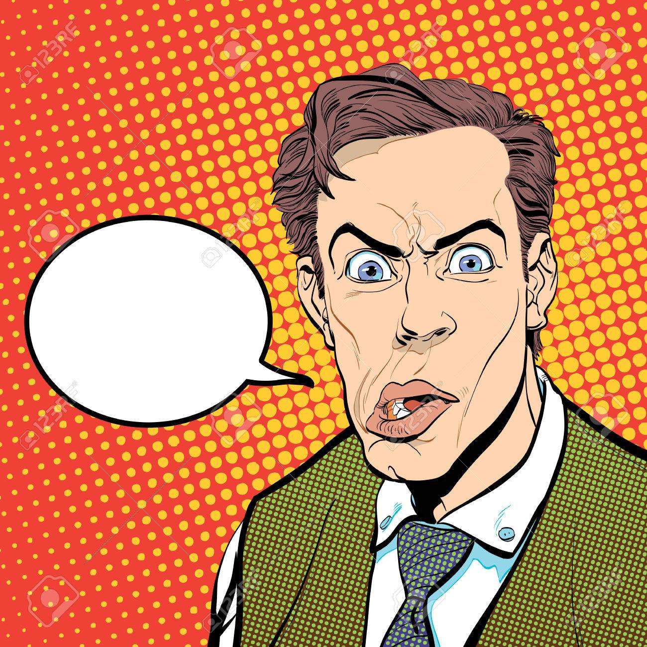 怖がって男性の肖像画 怖がっているビジネスマン 驚く男 ポップアートのレトロなスタイルのイラスト レトロなスタイルの人々 ハーフトーンの背景 マンの顔 のイラスト素材 ベクタ Image