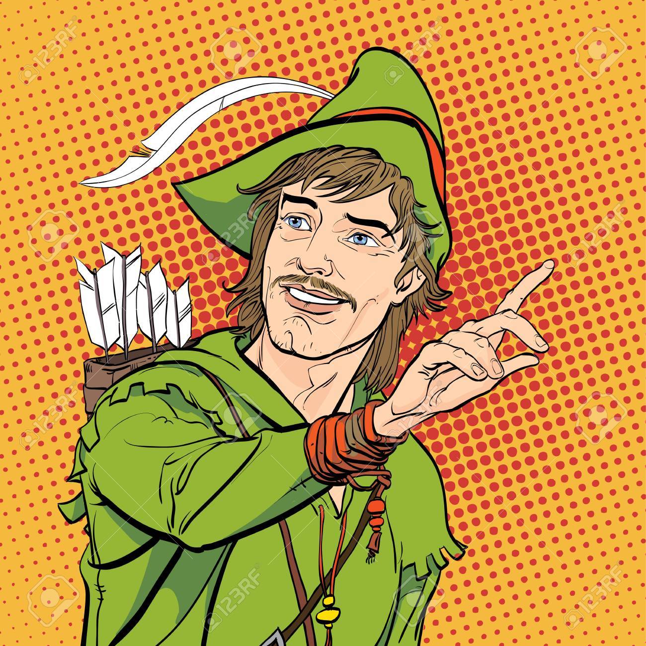 羽のついた帽子でロビン フッド 若い兵士 高貴な強盗 弱者の擁護者 中世の伝説 中世の伝説の英雄 ハーフトーンの背景 のイラスト素材 ベクタ Image