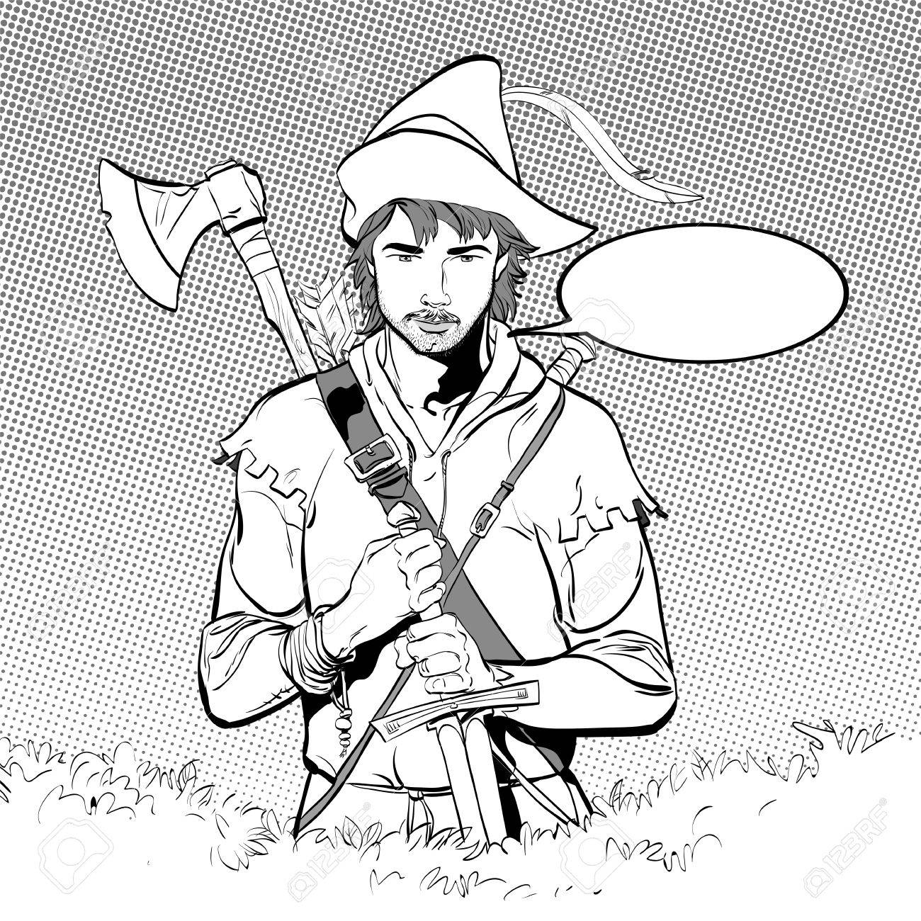羽のついた帽子でロビン フッド 若い兵士 高貴な強盗 弱者の擁護者 中世の伝説 中世の伝説の英雄 ハーフトーンの背景 のイラスト素材 ベクタ Image