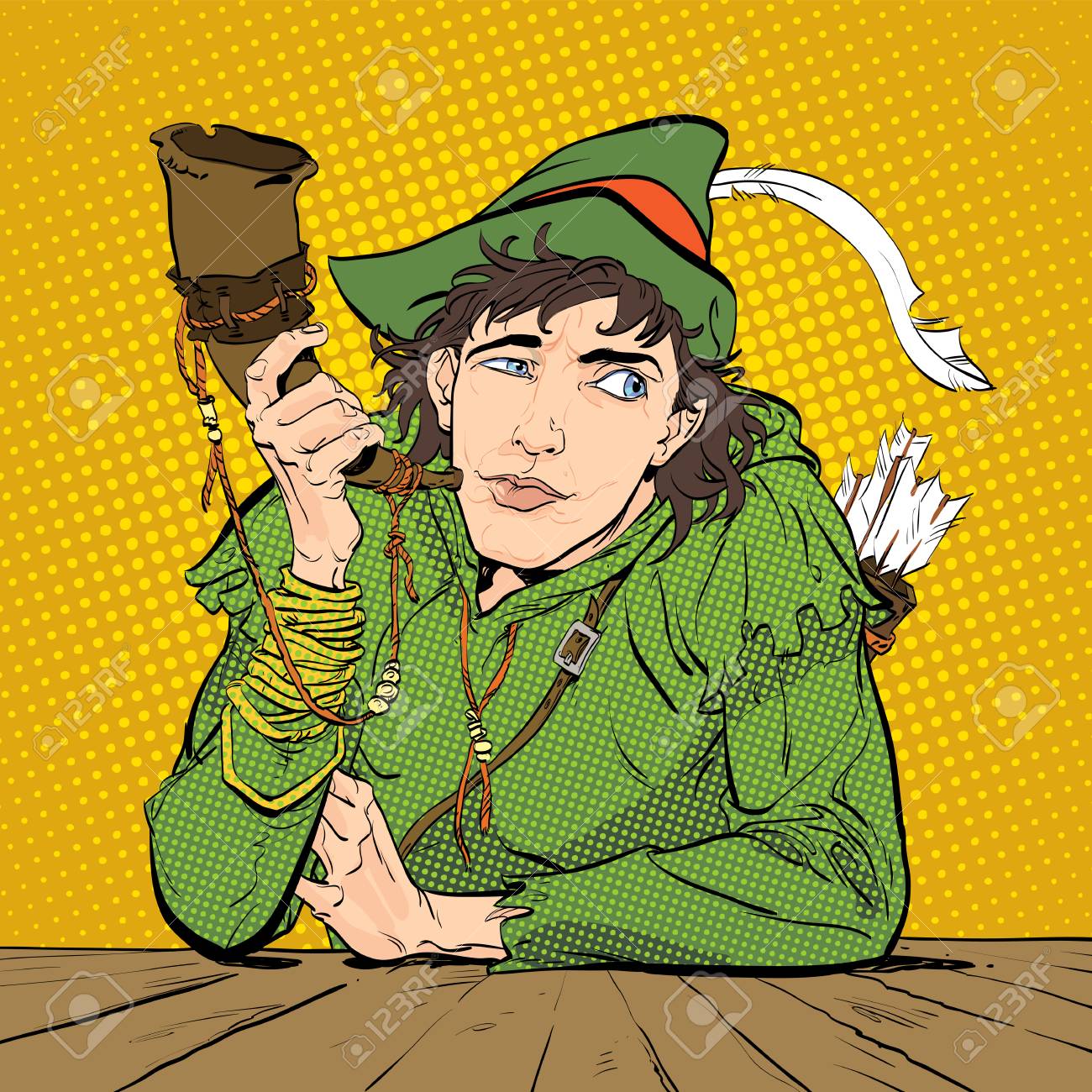 羽と角のある帽子でロビン フッド 弱いのロビン フッドの擁護者を疑っています 中世の伝説 中世の伝説の英雄 ハーフトーンの背景 のイラスト素材 ベクタ Image