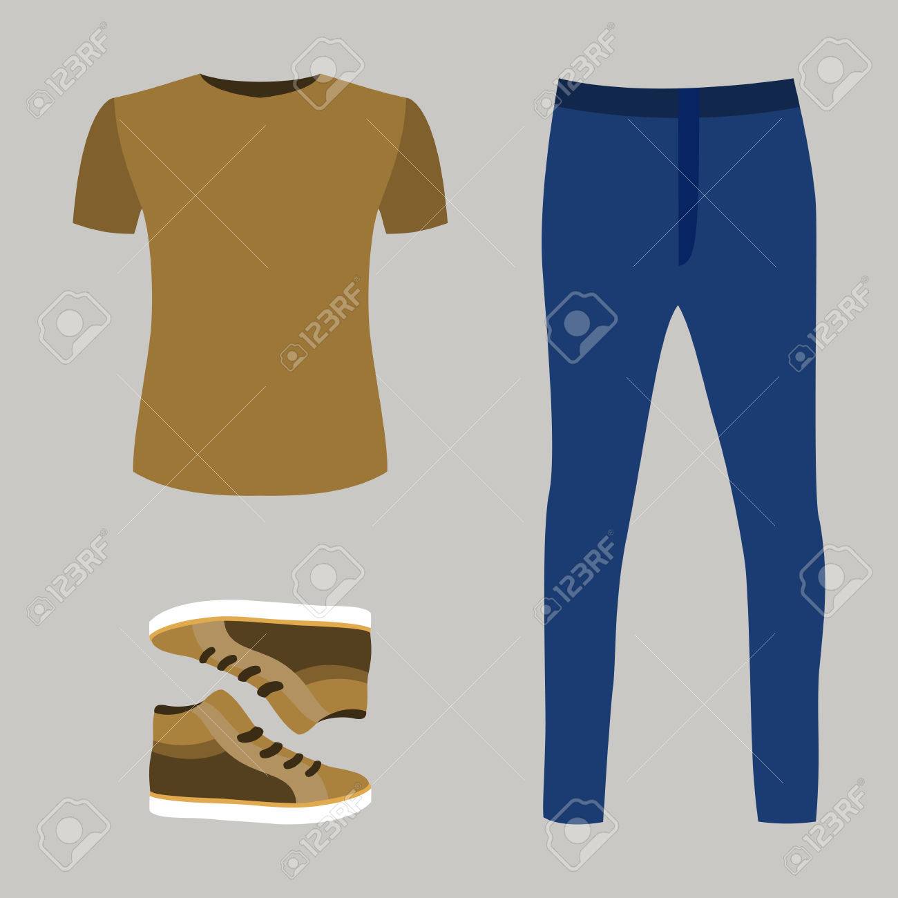 ブルー ジーンズ T シャツとスニーカーでおしゃれな紳士服のセットです ベクトル図のイラスト素材 ベクタ Image