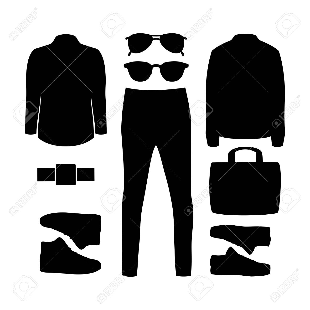 黒シルエット トレンディなメンズ服やアクセサリーのセットです 男性のワードローブ ベクトル図 のイラスト素材 ベクタ Image